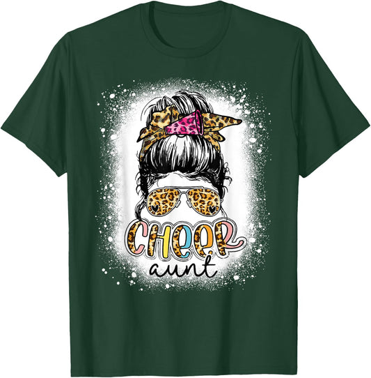 Cheer Aunt Leopard Messy Bun Cheerleader Mothers Day Funny T-Shirt - T-Shirt | Forest