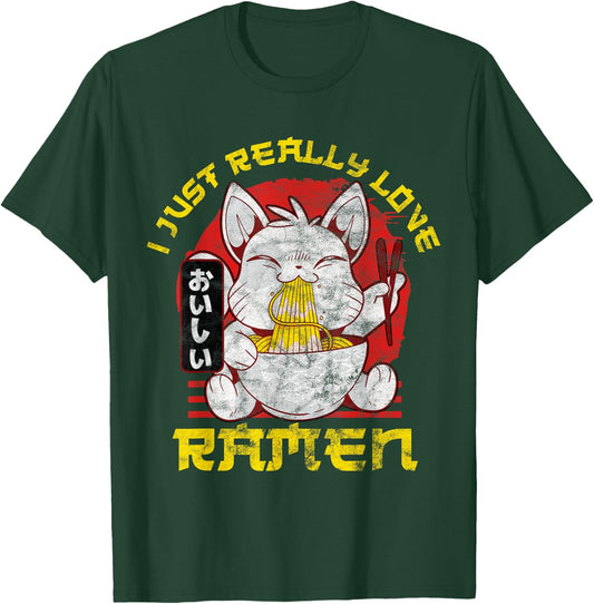 Kawaii Anime Cat Japenese I Just Really Love Ramen Gift T-Shirt - T-Shirt | Forest