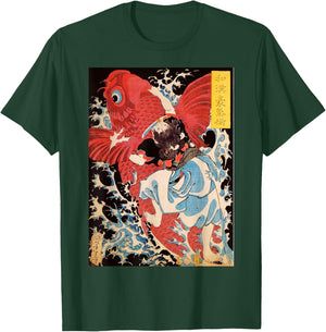Japanese Retro Vintage Artwork Samurai on The Koi Fish T-Shirt - T-Shirt | Forest