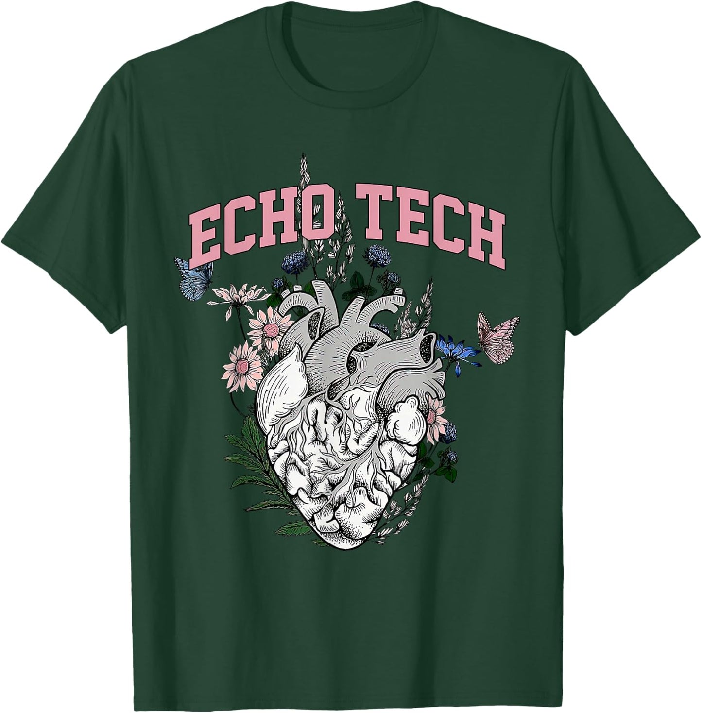 Anatomical Heart Floral Echo Tech Cardiac Sonographer T-Shirt - T-Shirt | Forest