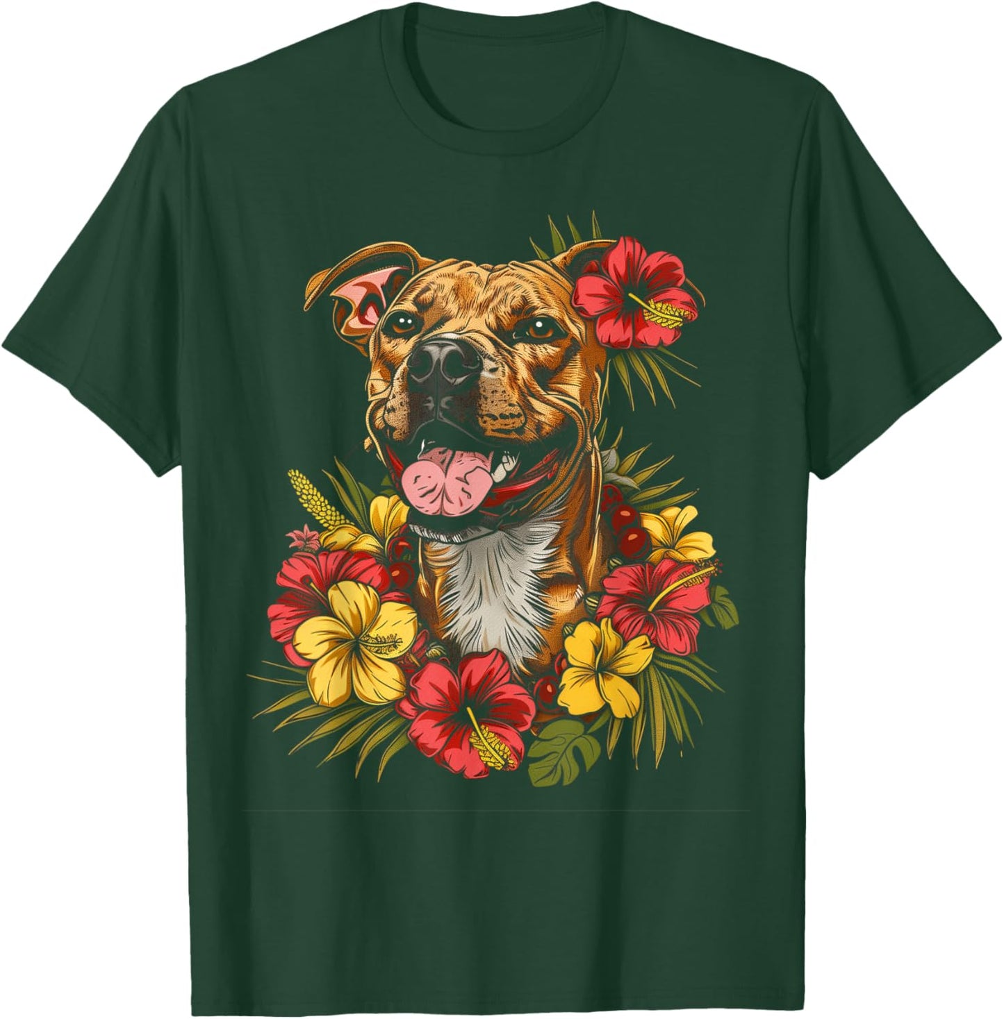 Pitbull Hawaiian Flowers Hibiscus Hula Hawaii Dog T-Shirt - T-Shirt | Forest