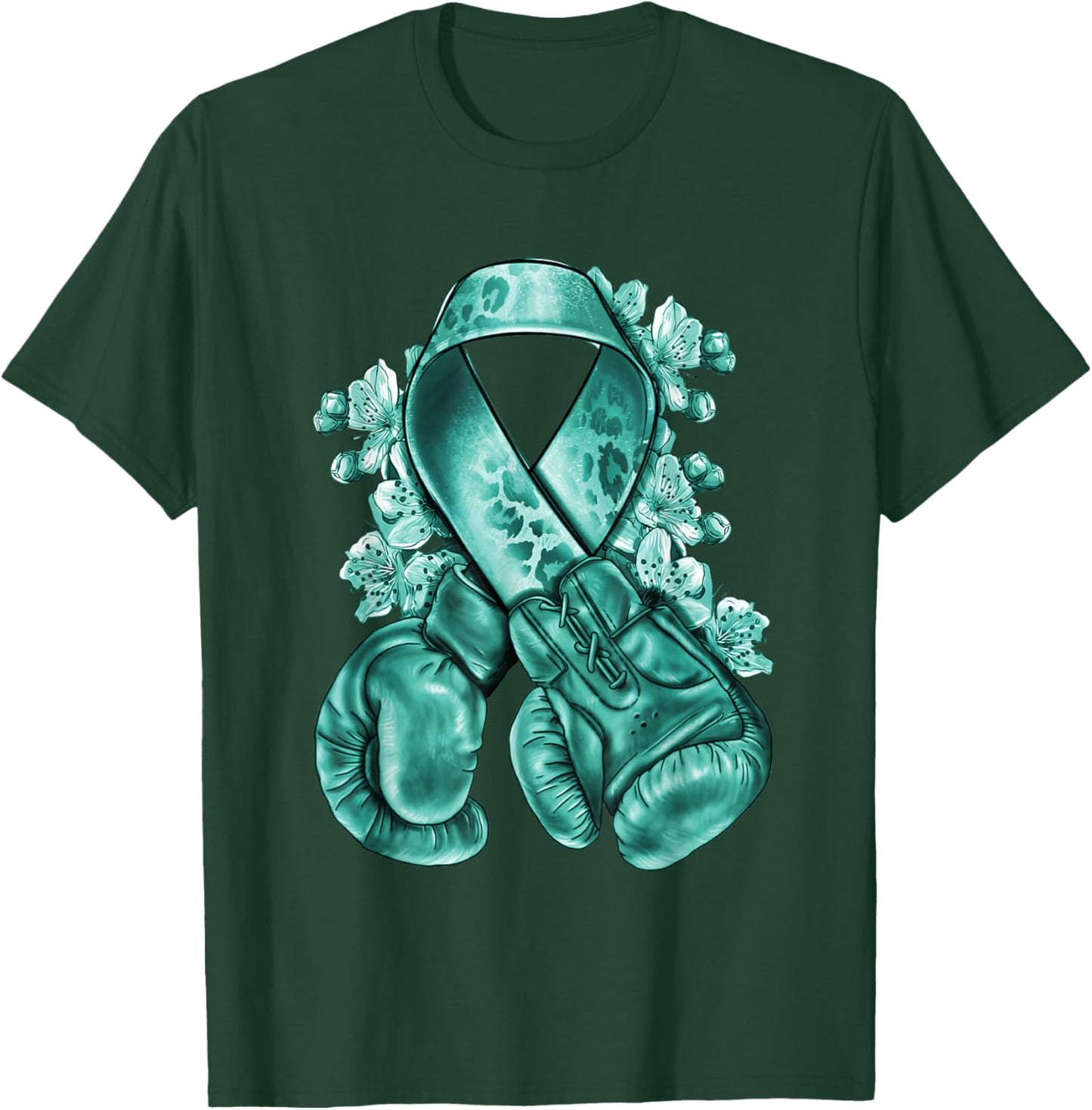 Ovarian Cancer teal ribbon with boxing gloves Awareness T-Shirt - T-Shirt | Forest