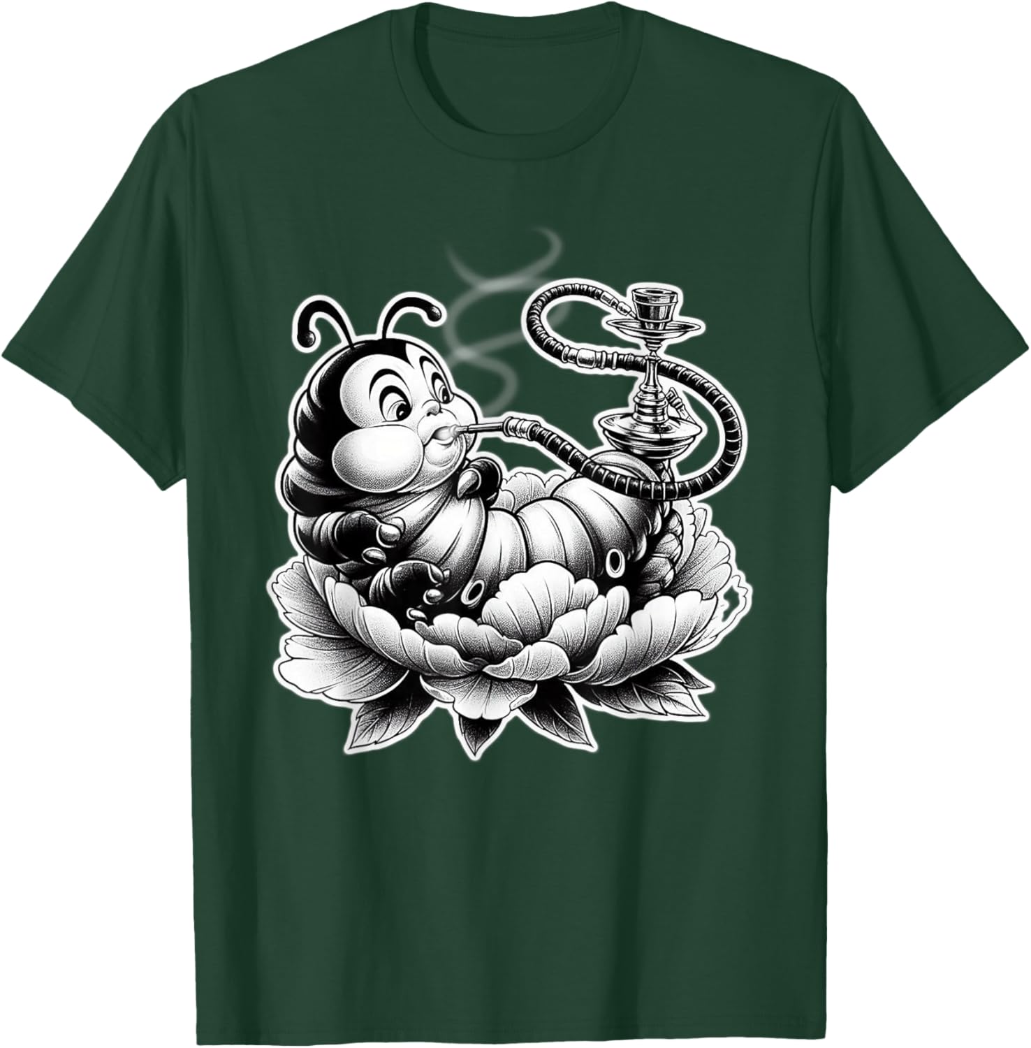 Caterpillar Smoking Hookah on Flower Blackwork T-Shirt - T-Shirt | Forest