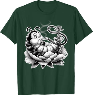 Caterpillar Smoking Hookah on Flower Blackwork T-Shirt - T-Shirt | Forest