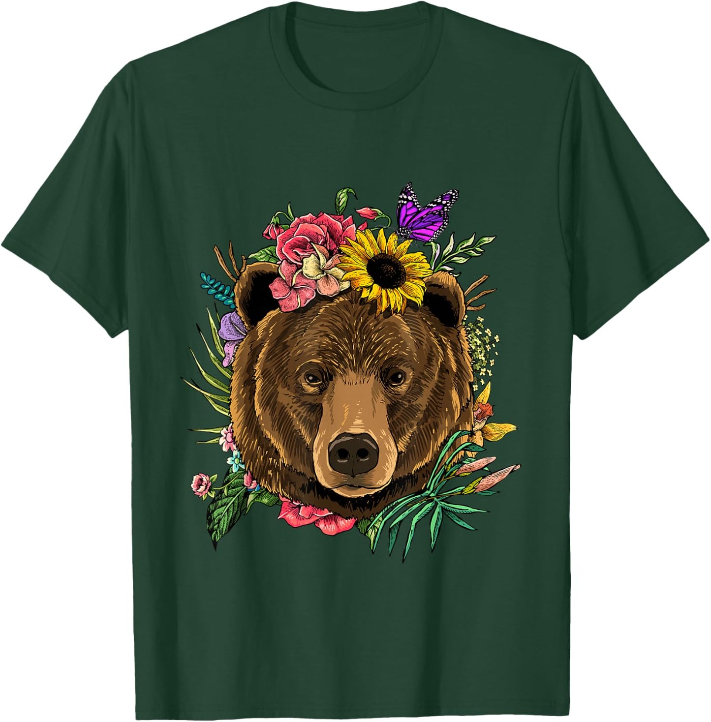 Bear Shirt Nature Floral Grizzly Bear Face Animal Bear Lover T-Shirt - T-Shirt | Forest
