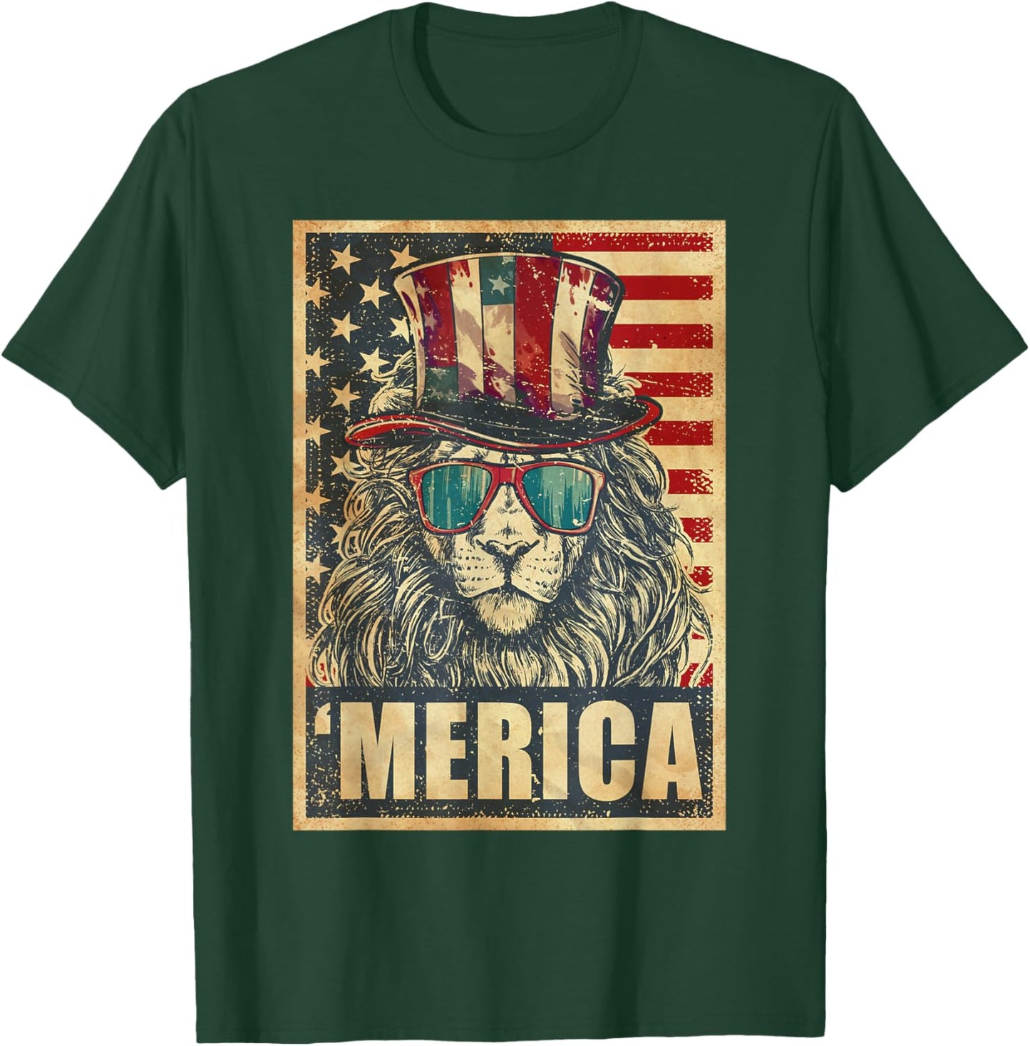Lion Merica Vintage American Flag 4th Of July T-Shirt - T-Shirt | Forest