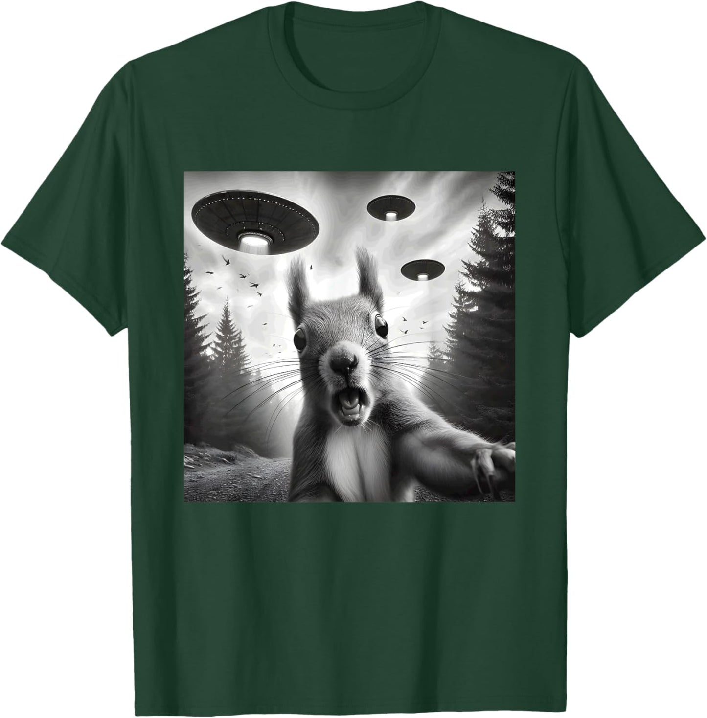 Squirrel Sci-Fi Funny Graphic Selfie with UFOs Weird Aliens T-Shirt - T-Shirt | Forest