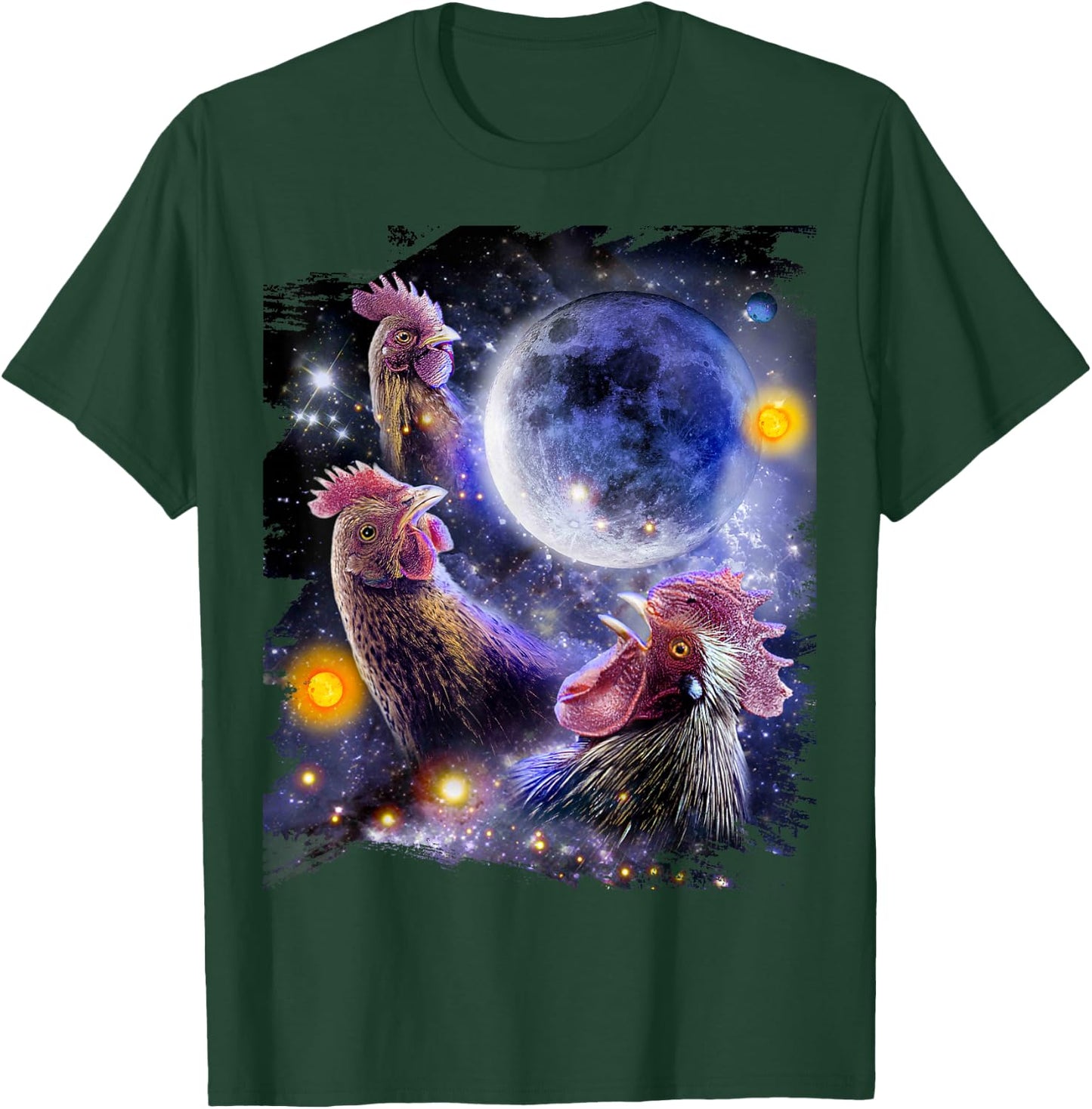 3 Three Chicken Moon, Cosmic Wolf Chickens Howling T-Shirt - T-Shirt | Forest