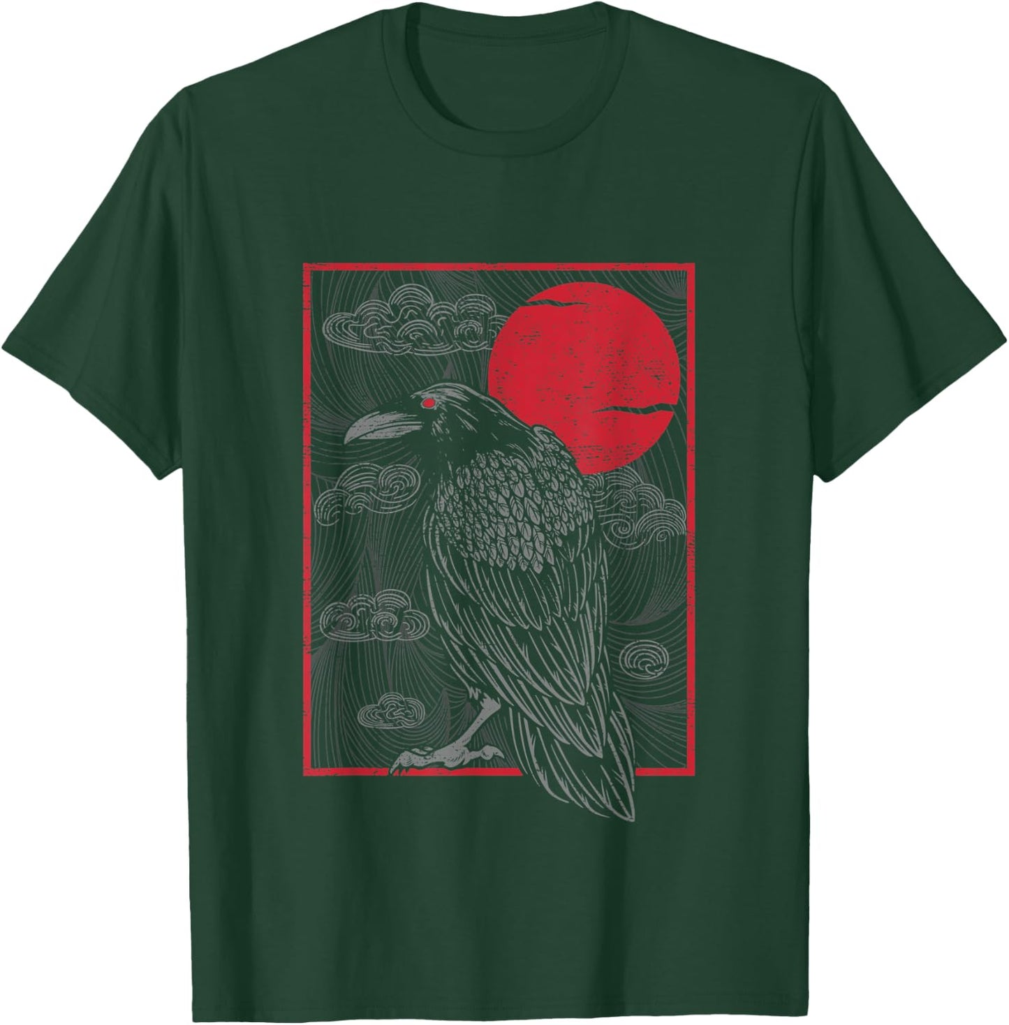 Japanese Red Moon Raven Gothic Style Black Crow Graphic T-Shirt - T-Shirt | Forest