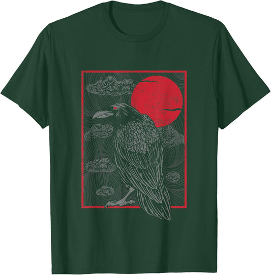 Japanese Red Moon Raven Gothic Style Black Crow Graphic T-Shirt - T-Shirt | Forest