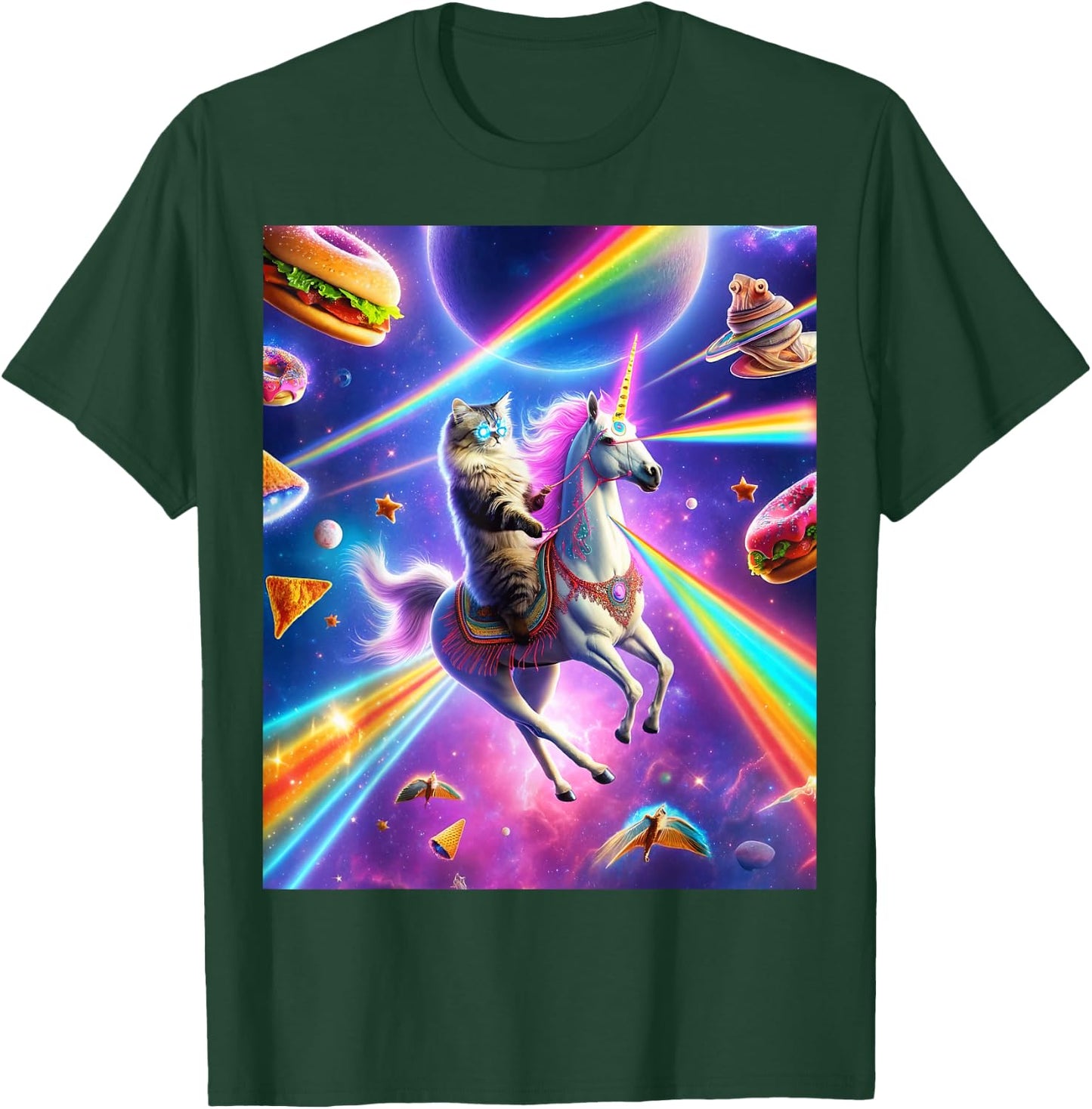 Laser Eyes Outer Space Cat Riding Llama Unicorn Ufo Tacos Men Women T-Shirt - T-Shirt | Forest