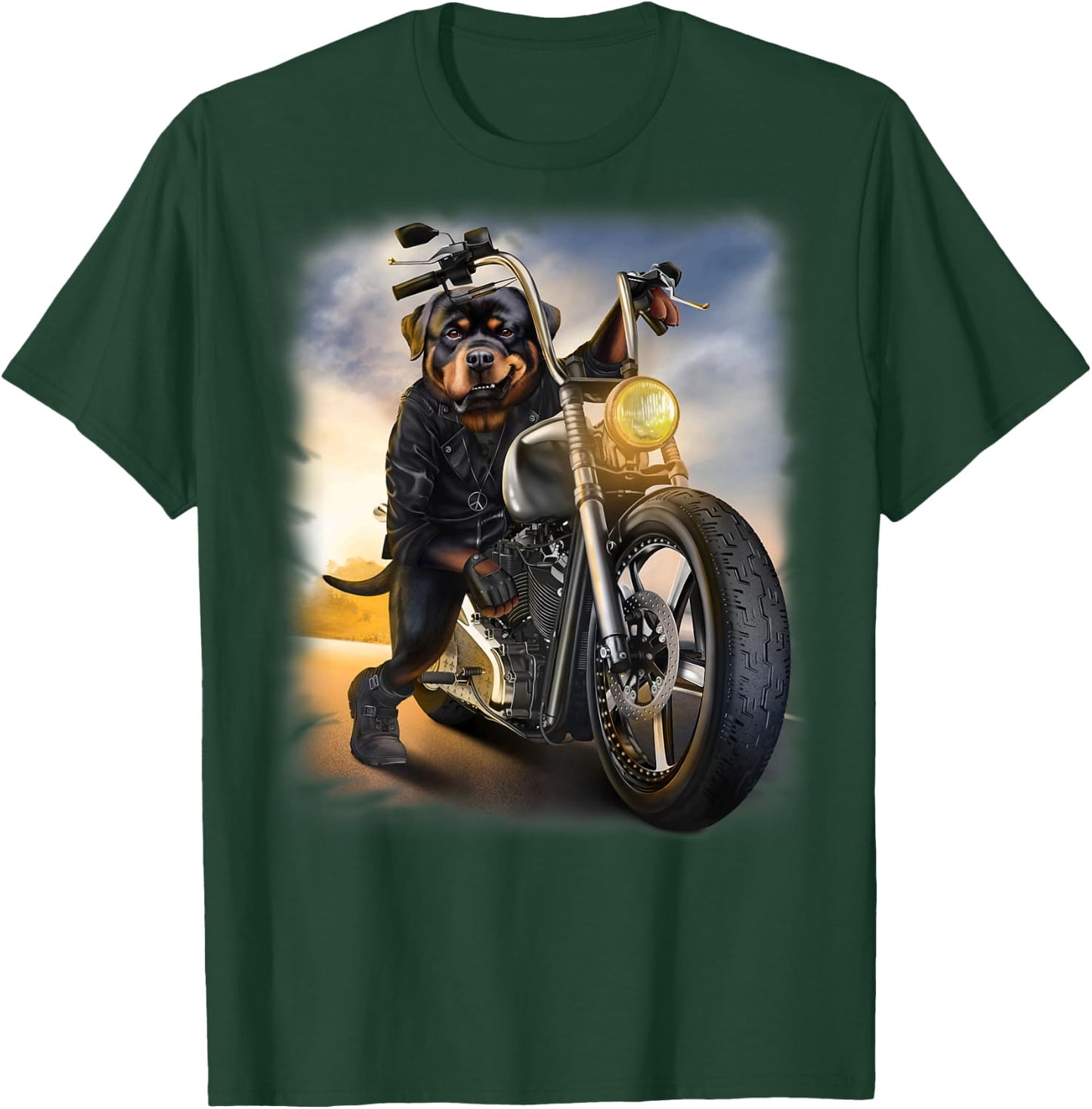 Rottweiler Dog Biker Riding Motorcycle at Sunset T-Shirt - T-Shirt | Forest