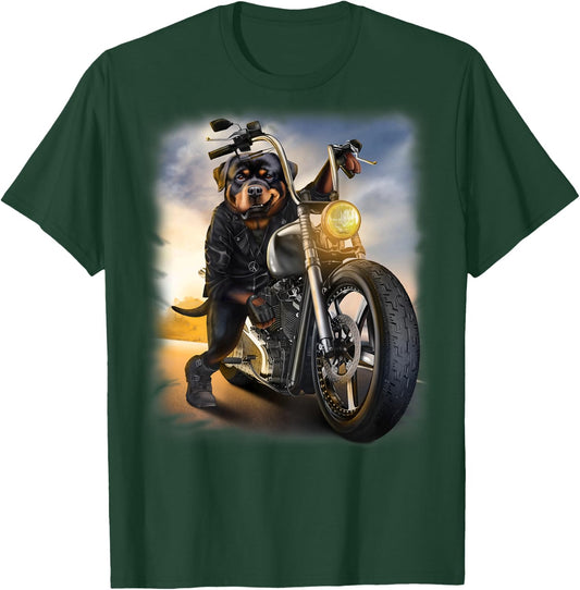 Rottweiler Dog Biker Riding Motorcycle at Sunset T-Shirt - T-Shirt | Forest