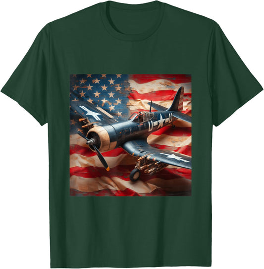 WW2 Warplane F4U Corsair Distressed American Flag Vintage T-Shirt - T-Shirt | Forest