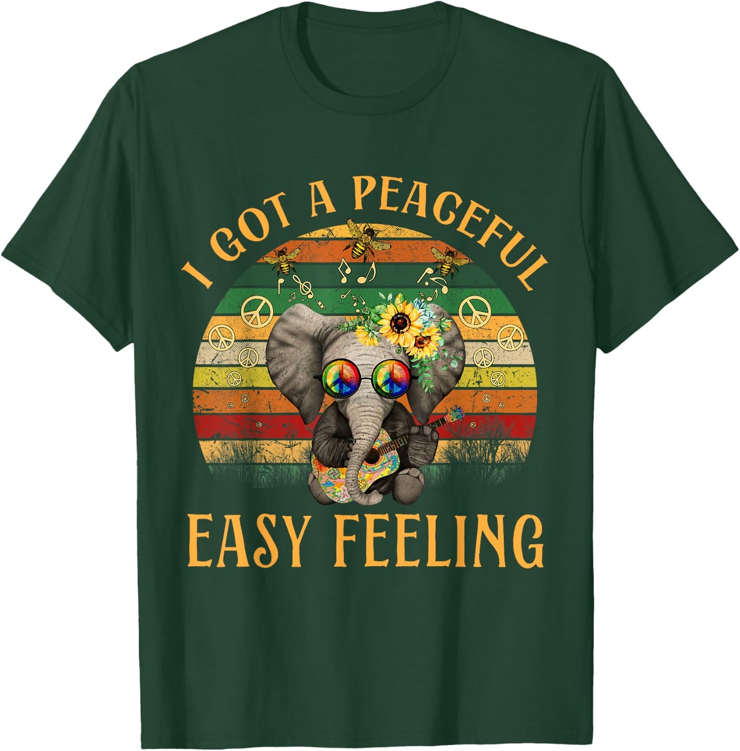 Hippie Peace I Got A Easy Peaceful Feeling Elephant Guitar T-Shirt - T-Shirt | Forest