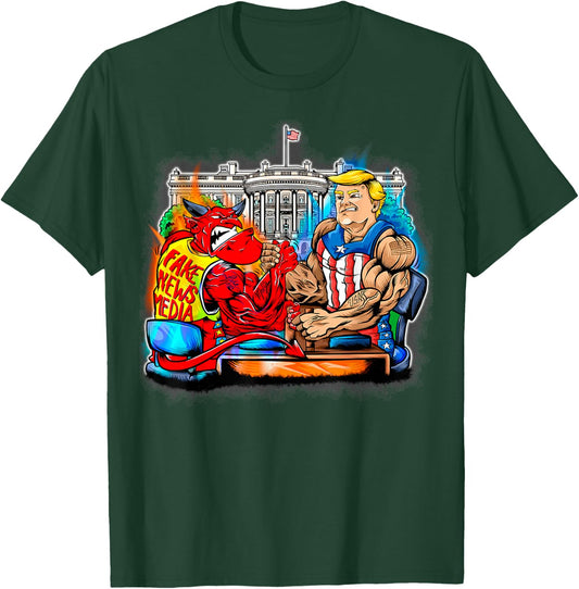 Donald Trump Arm Wrestling Satan Fake News Media Gift T-Shirt - T-Shirt | Forest