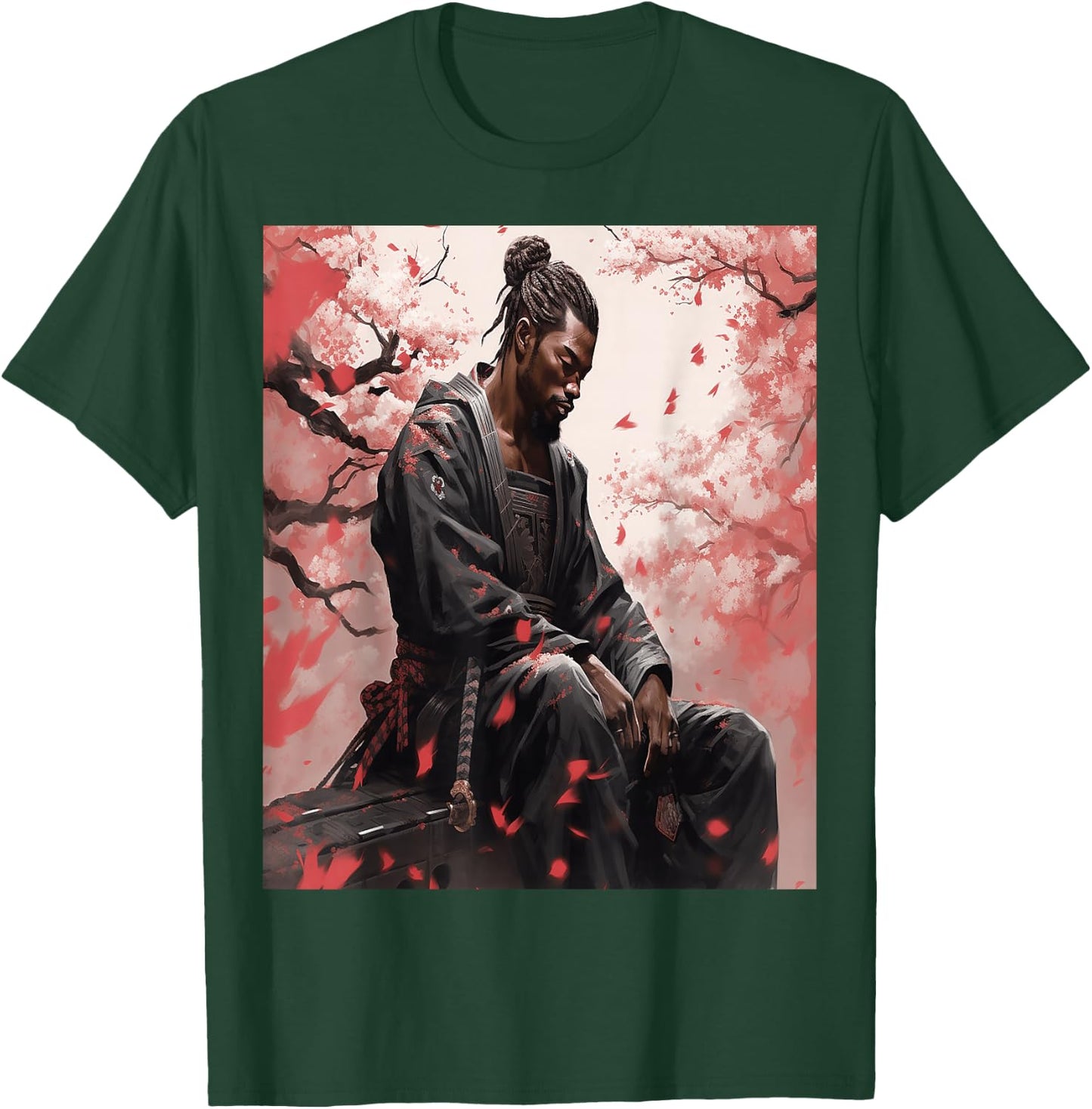 Black Samurai African Yasuke Meditating Under Cherry Blossom T-Shirt - T-Shirt | Forest
