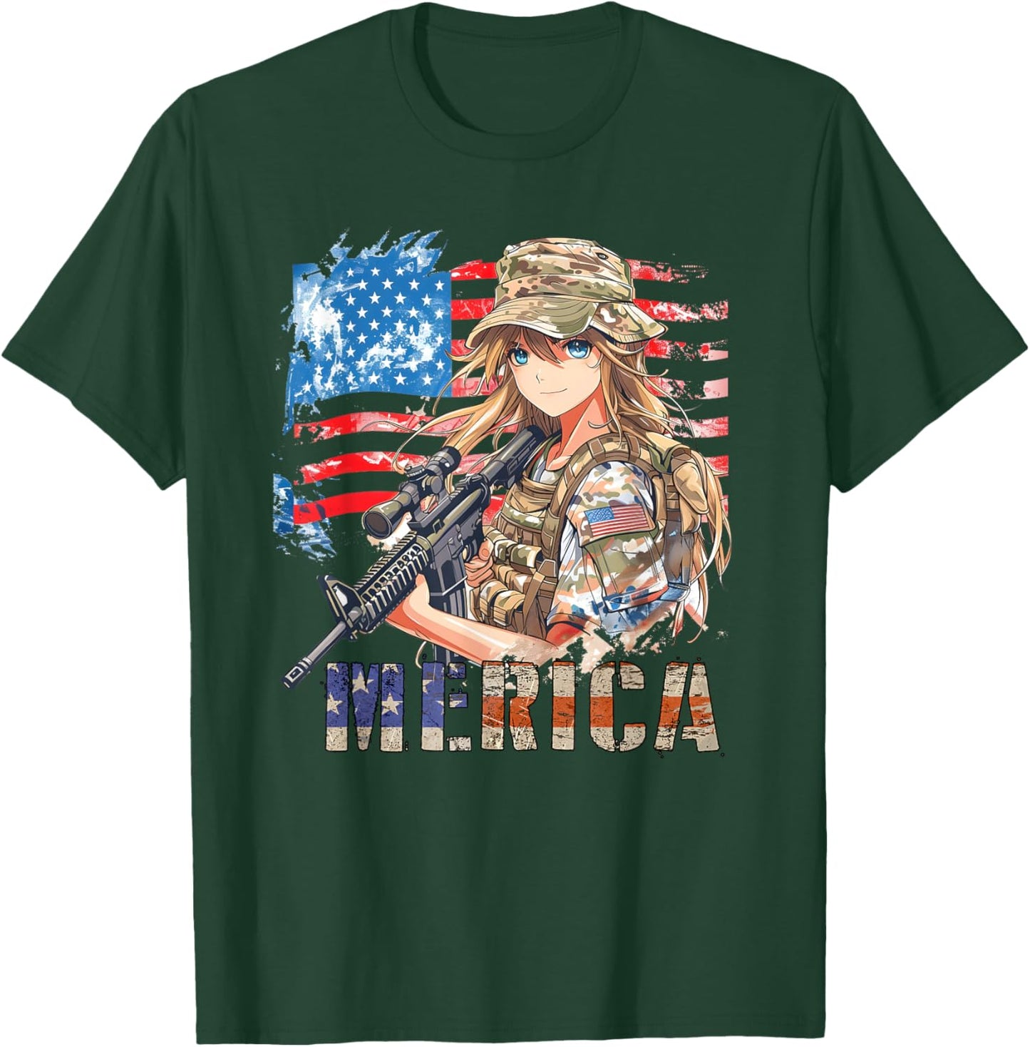 4th Of July Military Anime Girl Patriotic Kid Women US Flag T-Shirt - T-Shirt | Forest