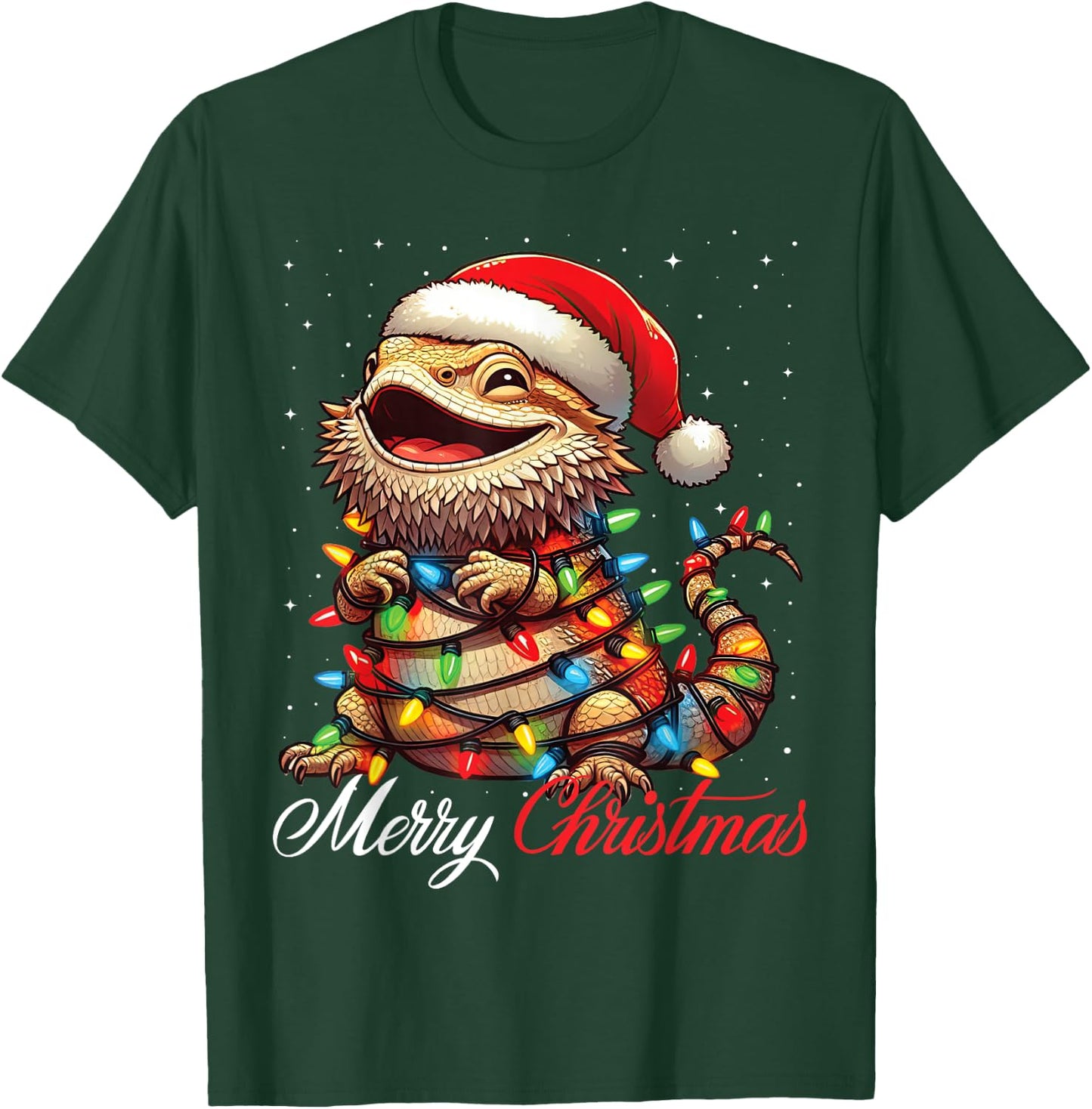 Bearded Dragon Merry Christmas Lights Santa Hat Xmas Snow T-Shirt - T-Shirt | Forest