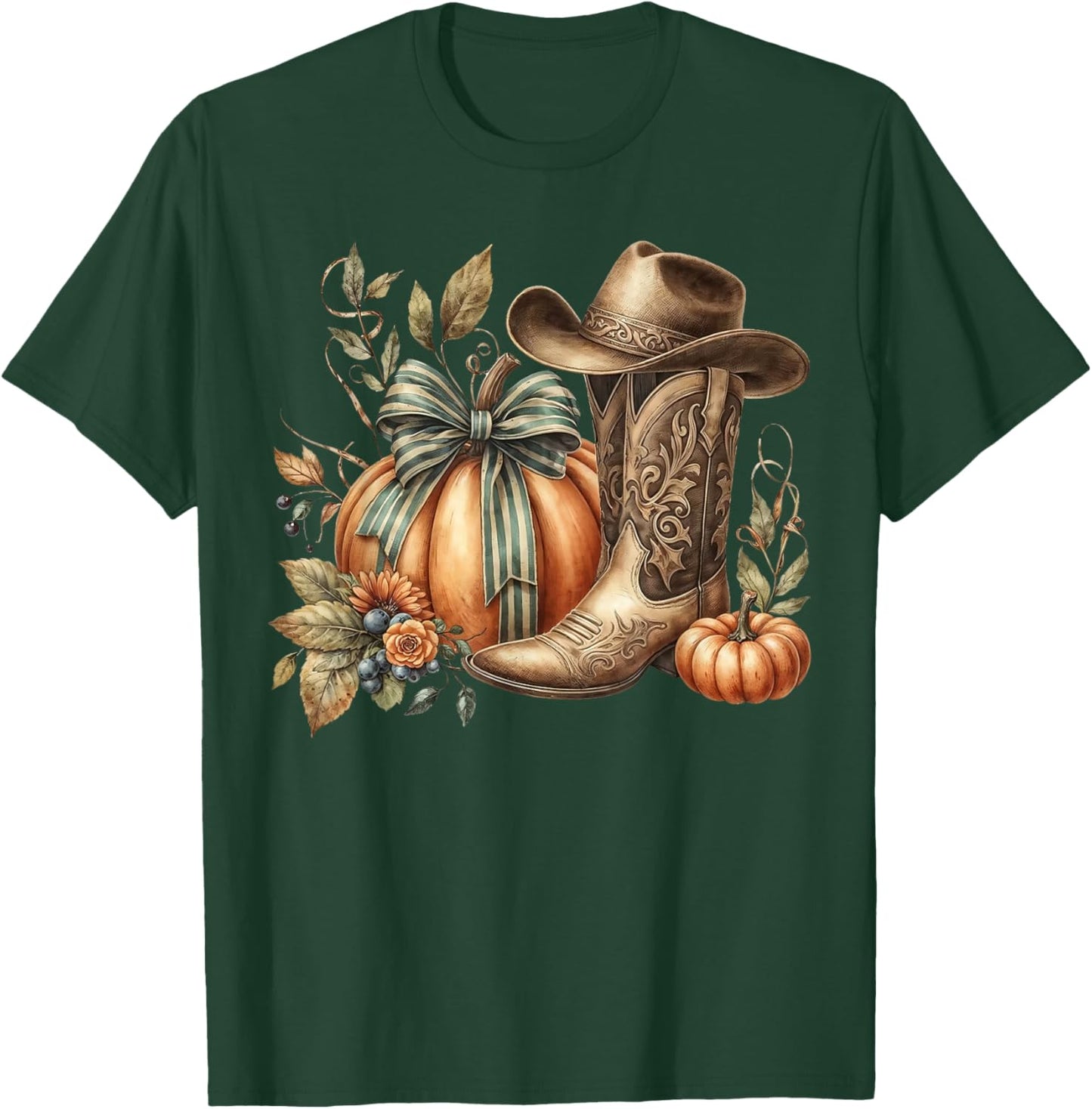 Howdy Pumpkin Fall Coquette Bow Western Boots T-Shirt - T-Shirt | Forest