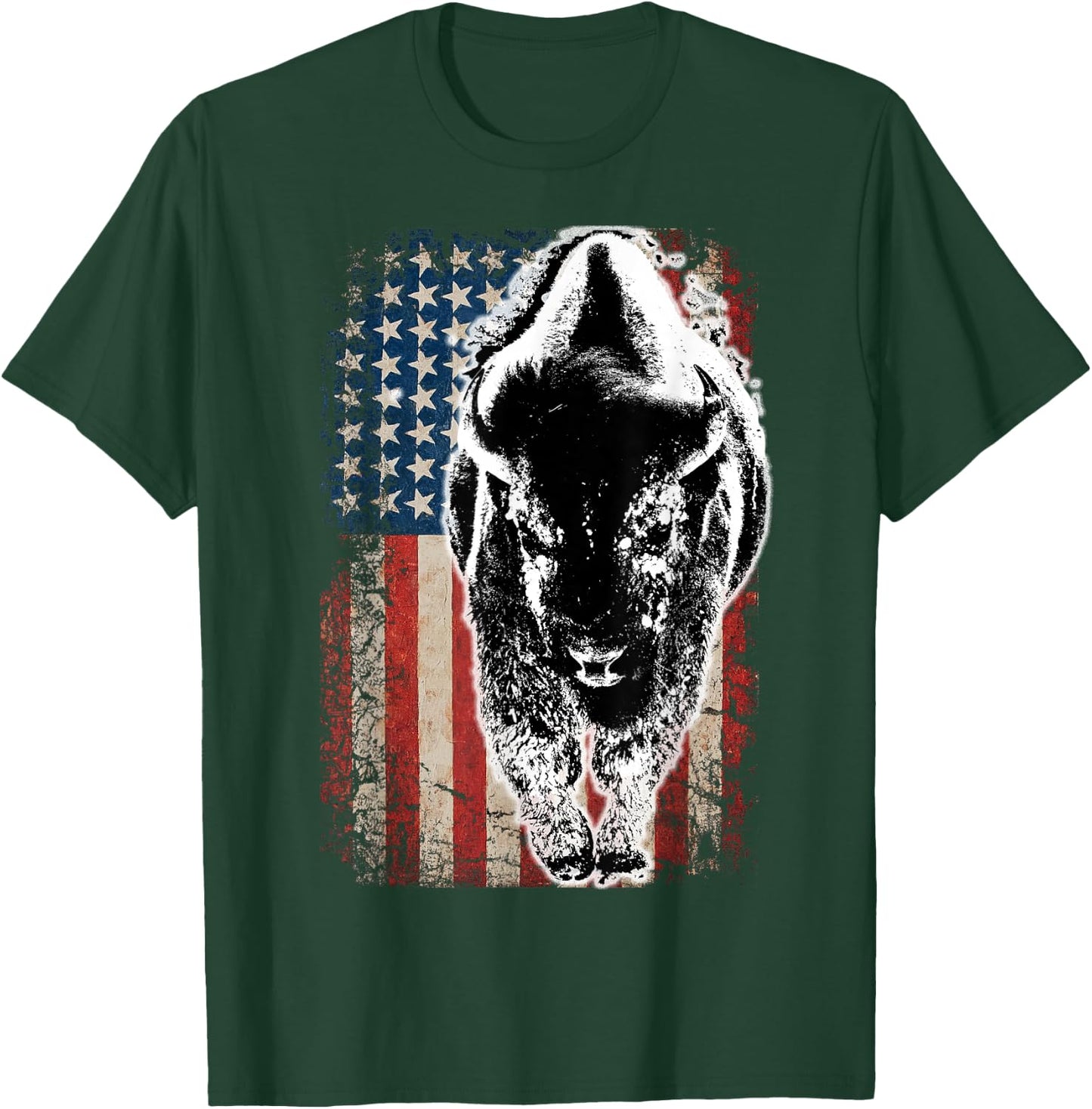 Vintage Buffalo American Flag Bison T-Shirt - T-Shirt | Forest