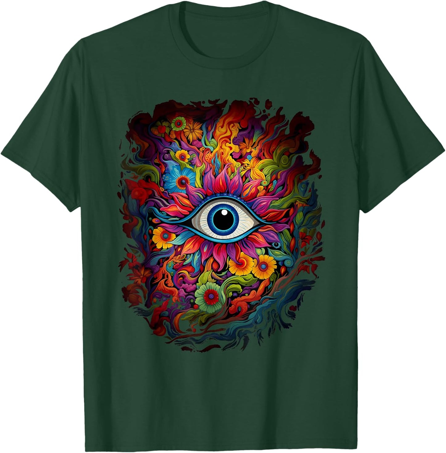 Psychedelic Third Eye Flower | Retro Colorful Floral Hippie T-Shirt - T-Shirt | Forest