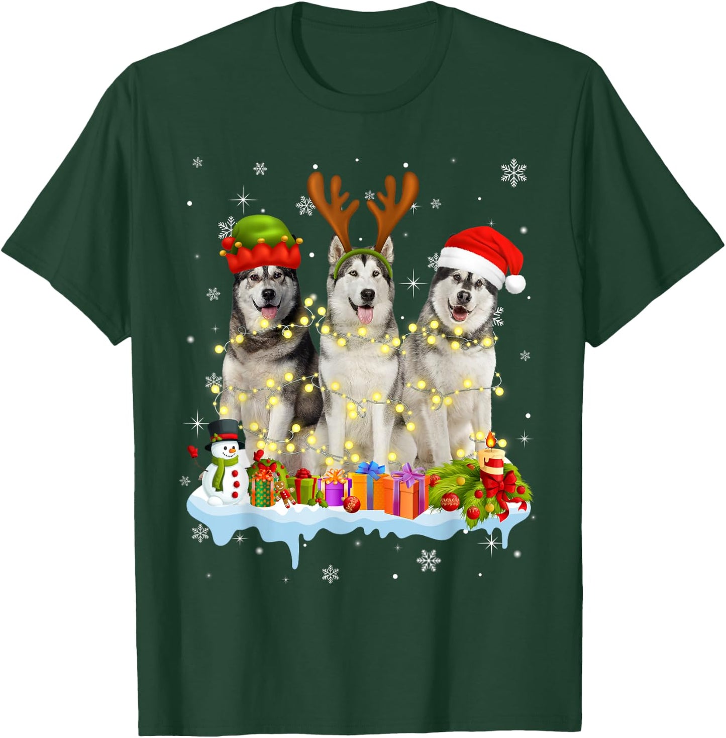Cute Alaskan Malamute Santa Hat Christmas Light Xmas T-Shirt - T-Shirt | Forest