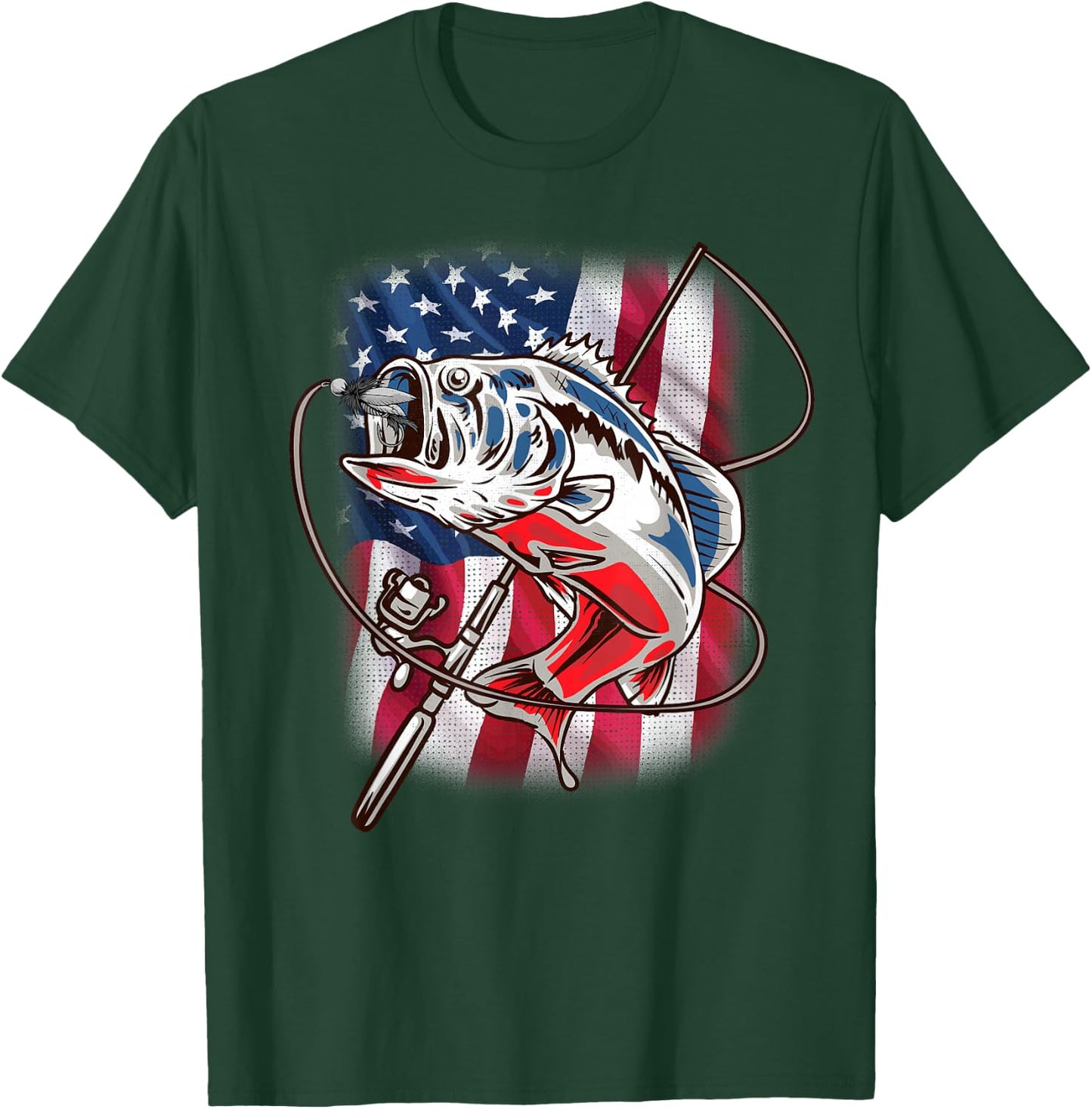 American Flag Fishing Shirt Vintage USA Bass Fisherman Gift T-Shirt - T-Shirt | Forest