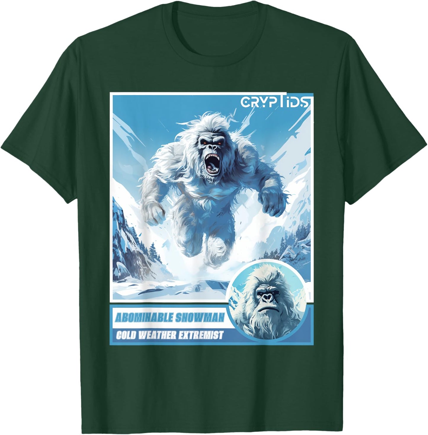 Cryptozoology Cryptid Believer Apparel -Kids, Adults Black Cartoon Abominable Snowman Winter Classic Fit T-Shirt - T-Shirt | Forest