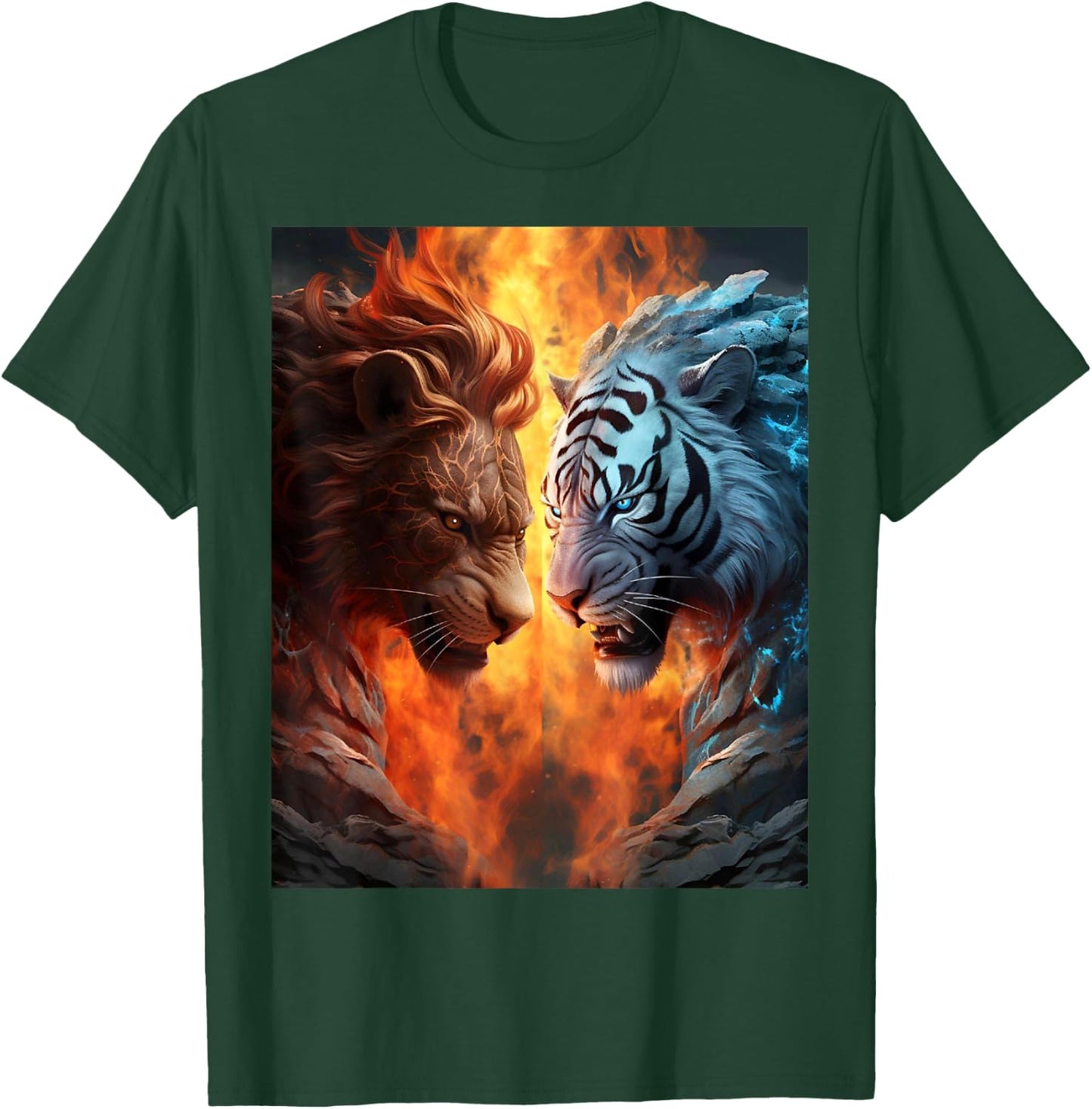 Two Tigers . White and Yellow Tigers, Flames Artwork Nice T-Shirt - T-Shirt | Forest