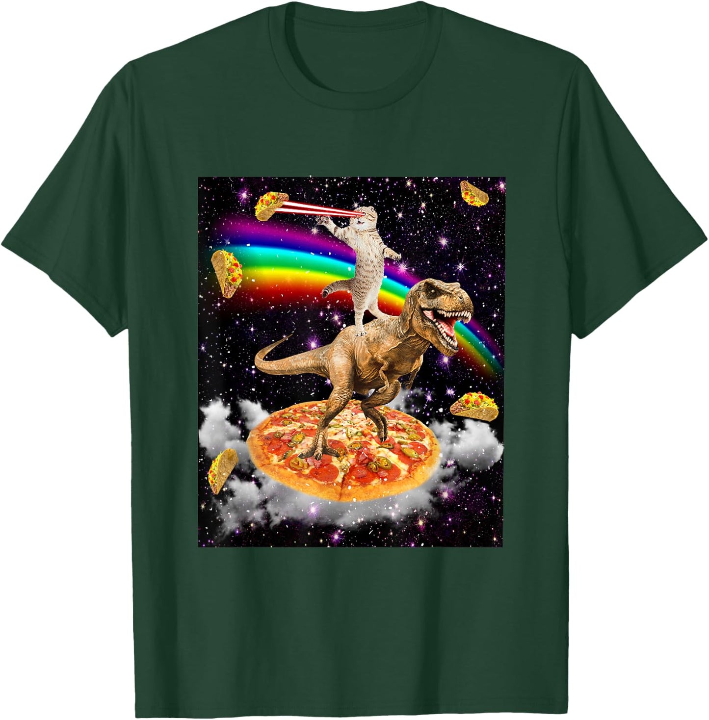 Galaxy Laser Cat on Dinosaur on Pizza with Tacos & Rainbow T-Shirt - T-Shirt | Forest