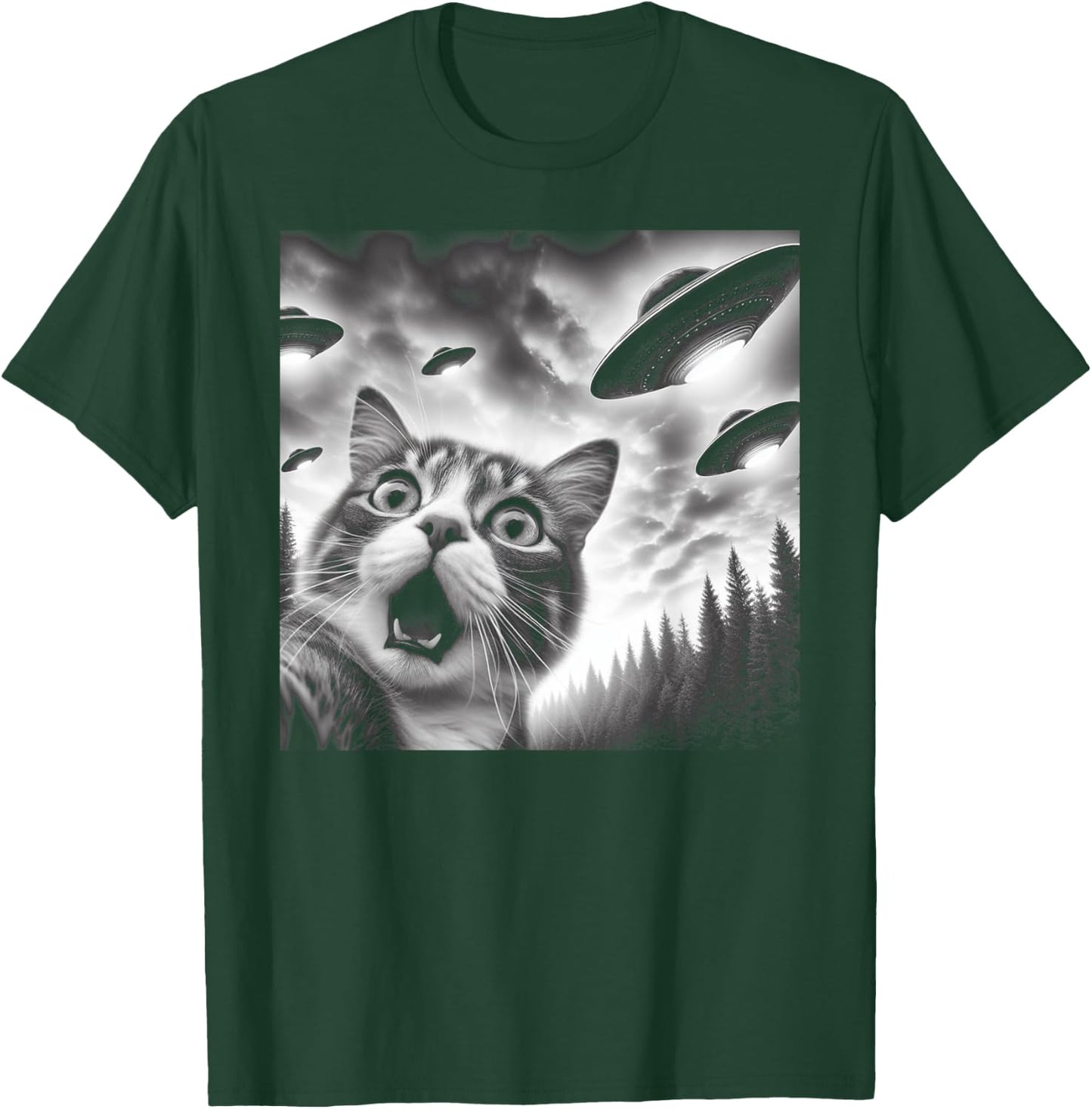 Funny Cat Selfie with UFOs Men Women Kids T-Shirt - T-Shirt | Forest