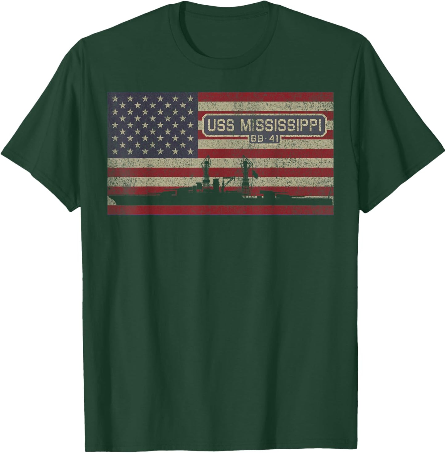 USS Mississippi BB-41 WW2 Battleship USA American Flag T-Shirt - T-Shirt | Forest
