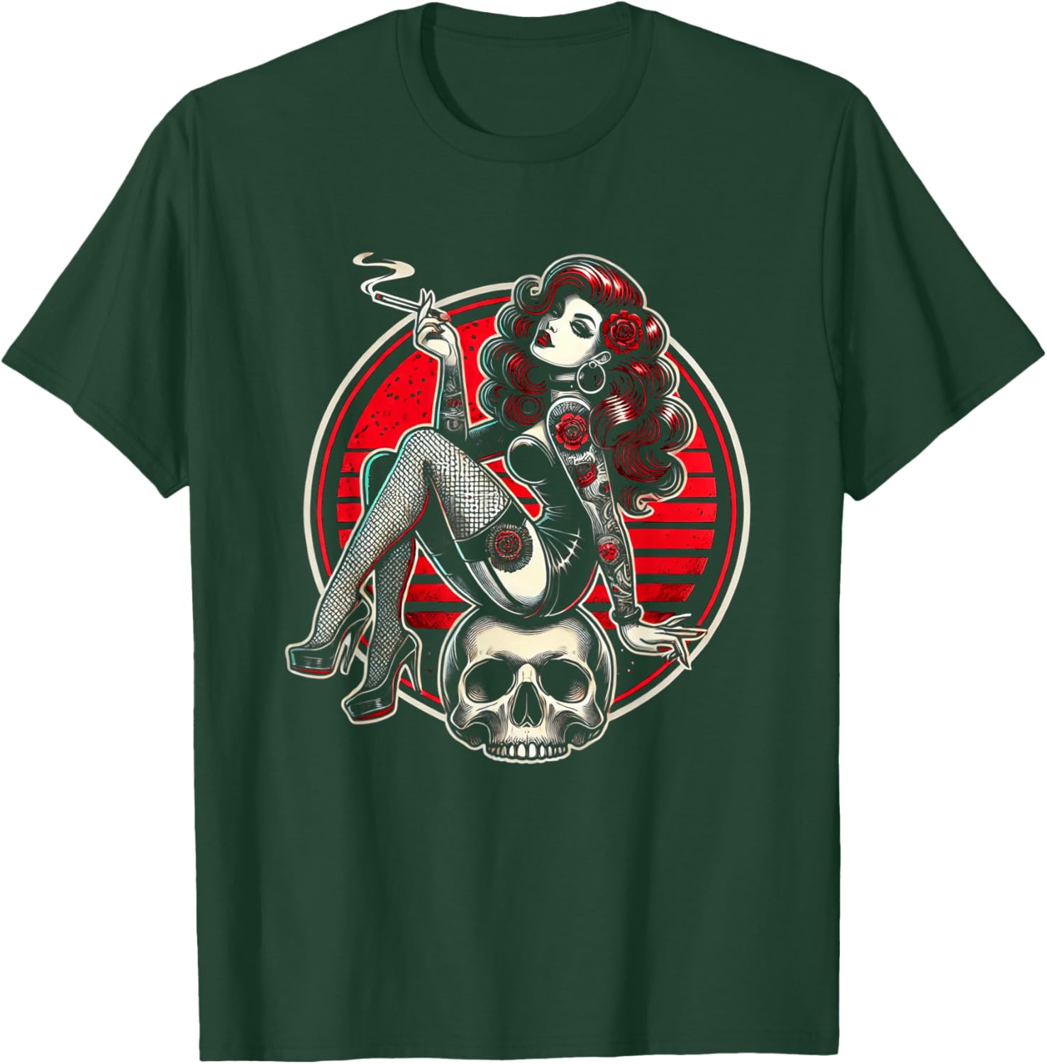 Tattoo Goth Pin-up Girl with Skull Vintage Horror Rockabilly T-Shirt - T-Shirt | Forest