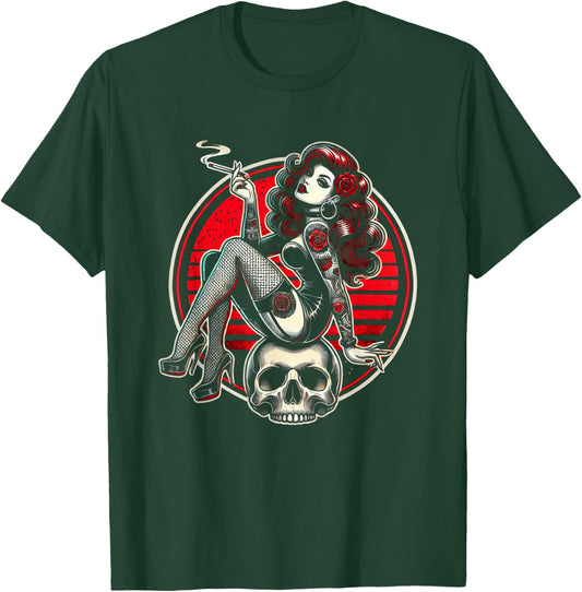 Tattoo Goth Pin-up Girl with Skull Vintage Horror Rockabilly T-Shirt - T-Shirt | Forest