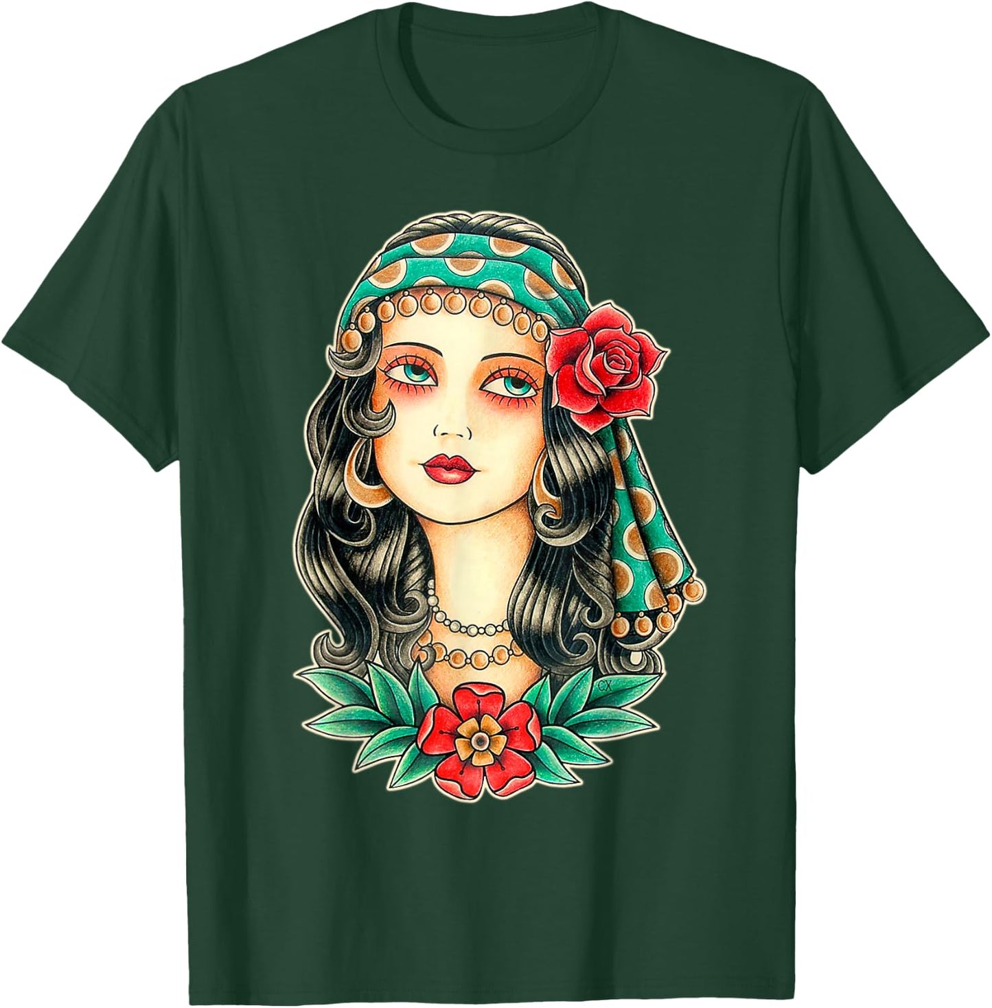 Pretty Girl Gypsy Fortune Teller Traditional Tattoo Flash T-Shirt - T-Shirt | Forest