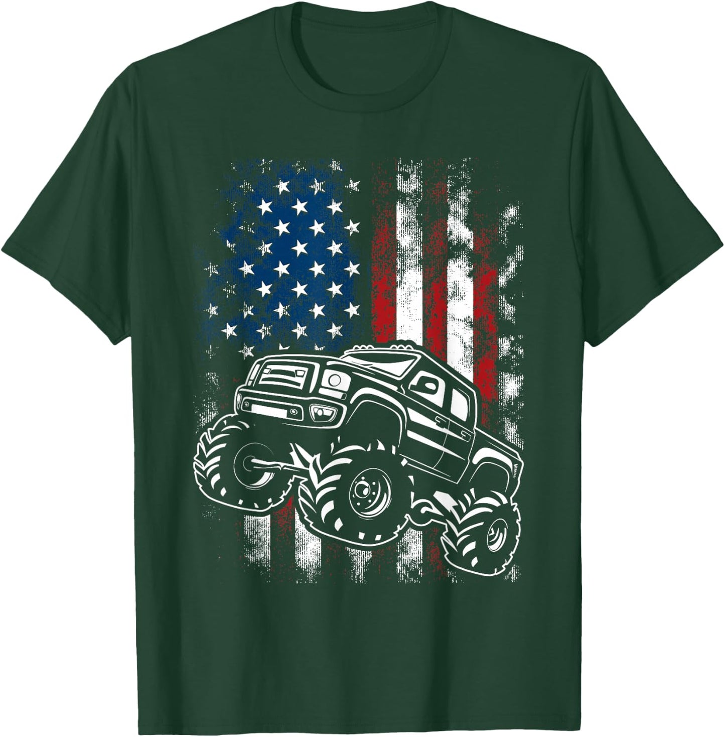 Monster Truck USA Flag 4th Of July Patriotic Kids Boys Men T-Shirt - T-Shirt | Forest