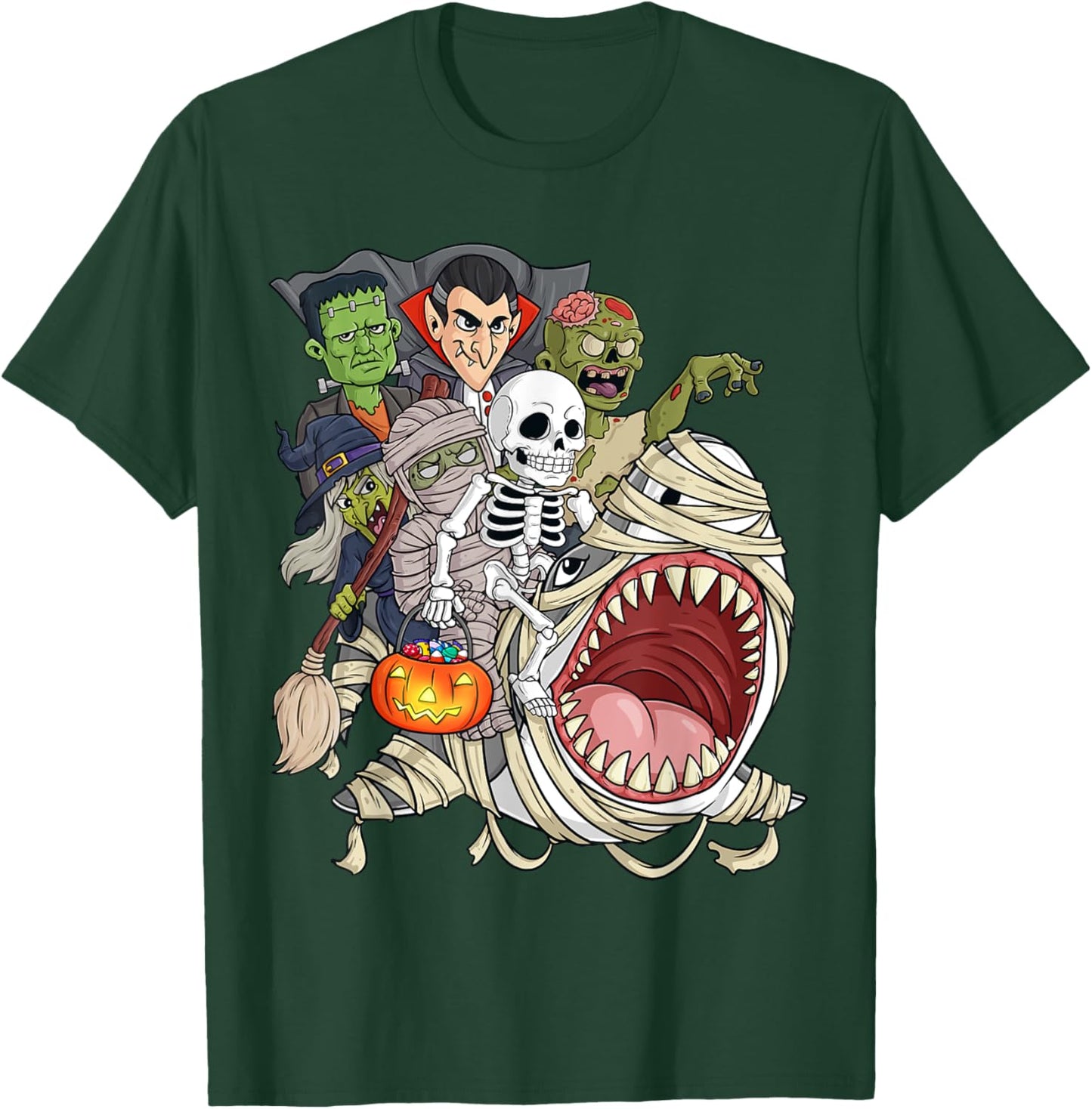 Skeleton Zombie Riding Mummy Shark Funny Halloween Pumpkin T-Shirt - T-Shirt | Forest