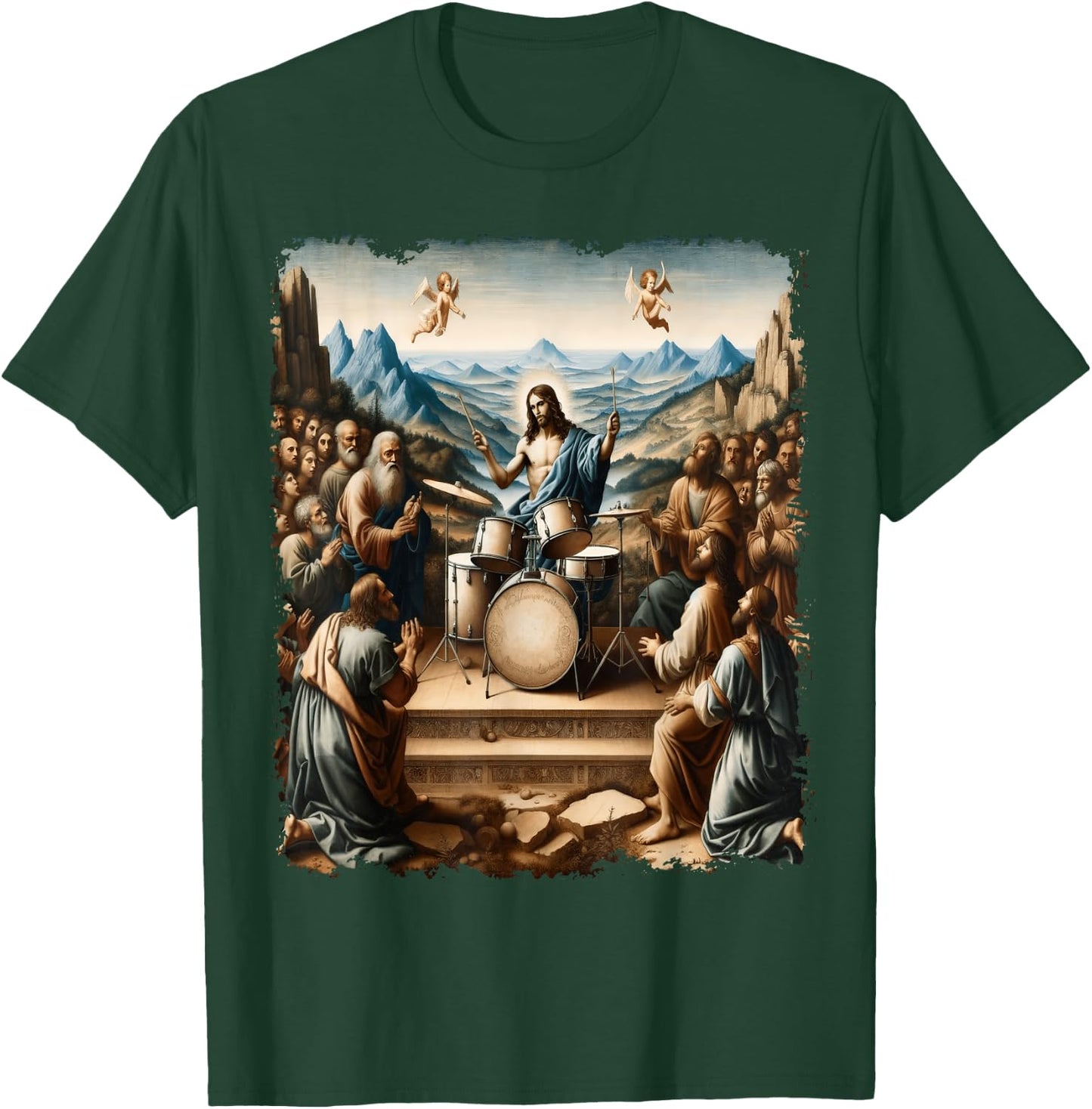 Jesus Playing Drums, Funny Christian Drummer Painting T-Shirt - T-Shirt | Forest
