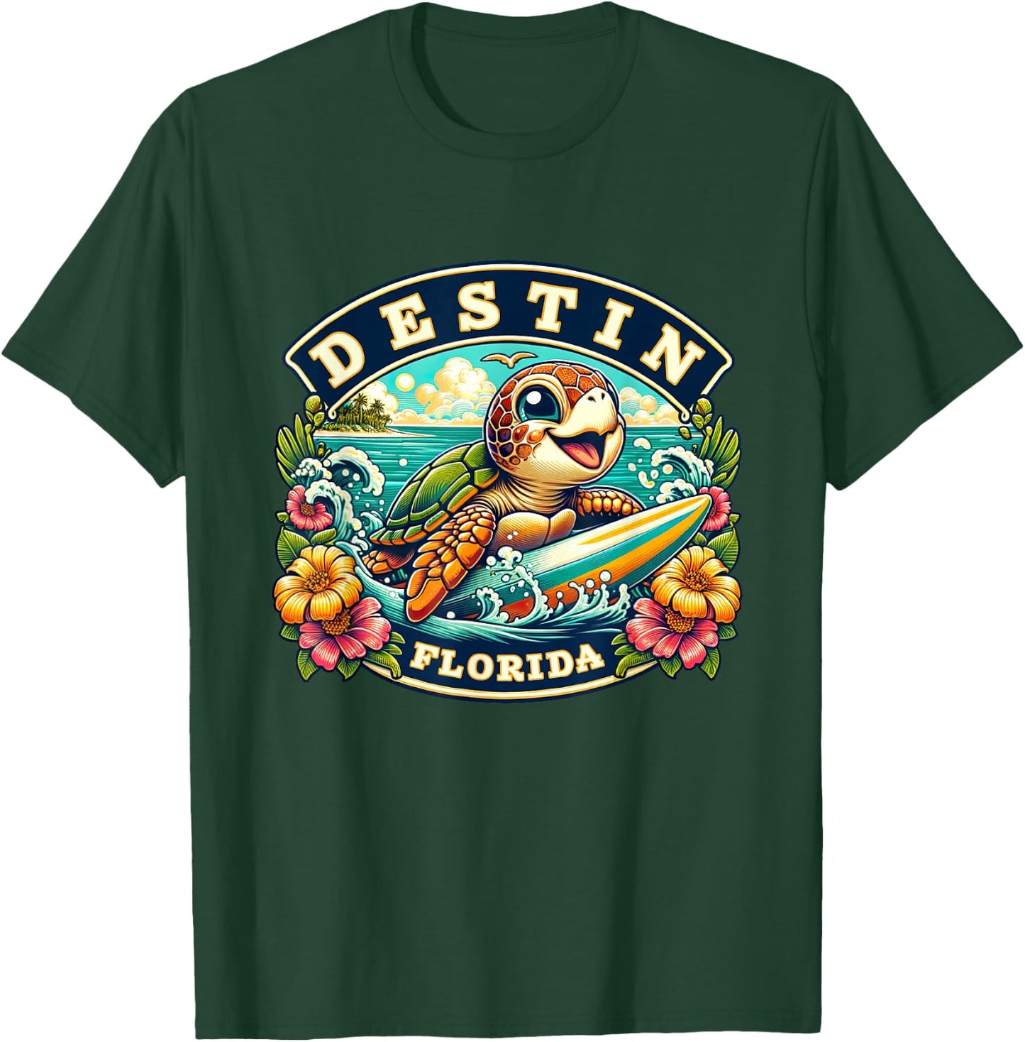 Destin Florida Cute Sea Turtle Surfing T-Shirt - T-Shirt | Forest