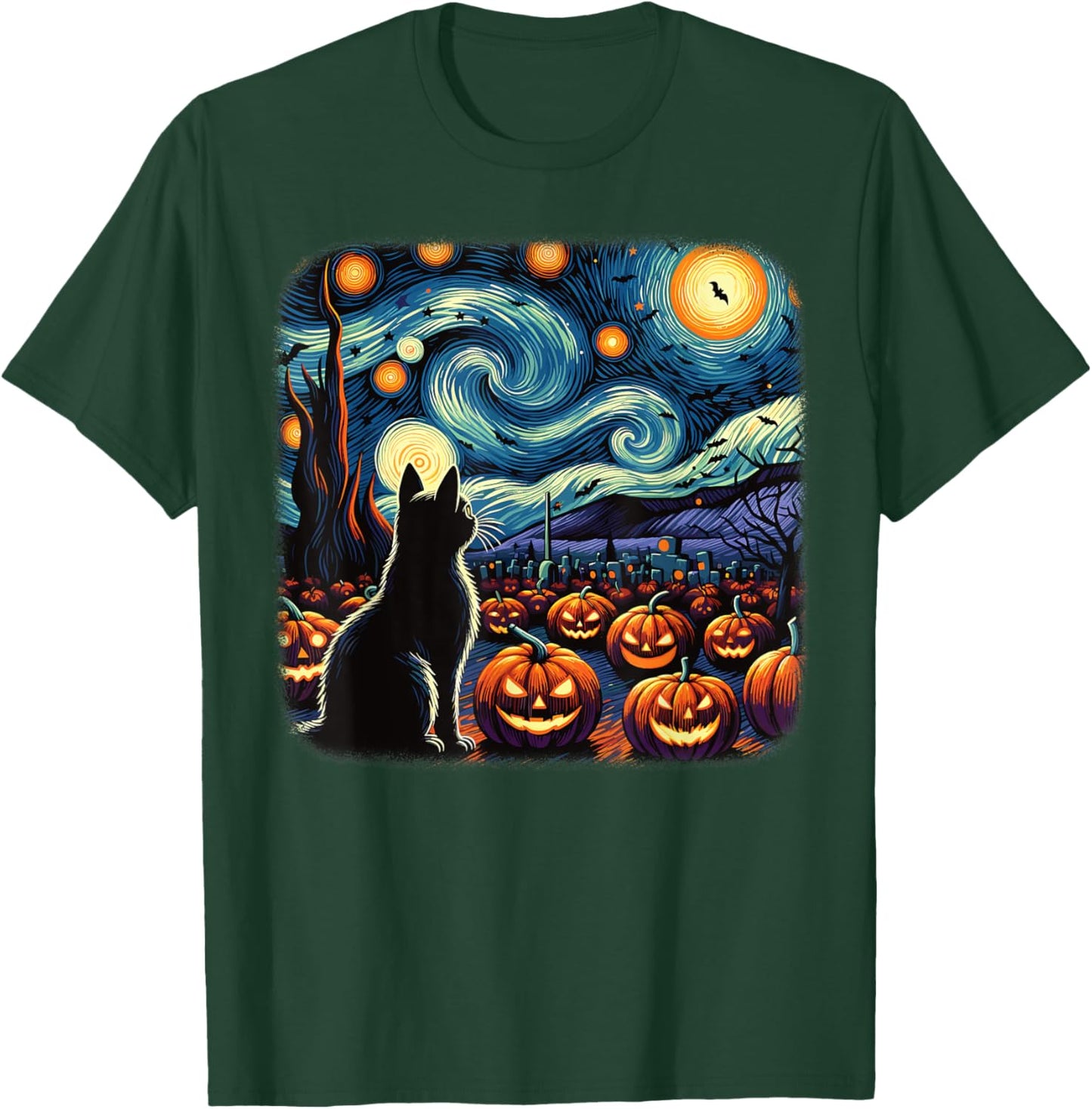 Halloween Black Cat Van Gogh Starry Night Pumpkins Bats Men Women Girls Kids T-Shirt - T-Shirt | Forest