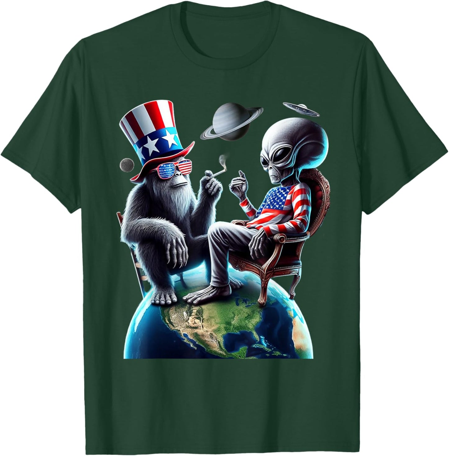 Patriotic Bigfoot Sasquatch Alien Space UFO 4th Of July T-Shirt - T-Shirt | Forest