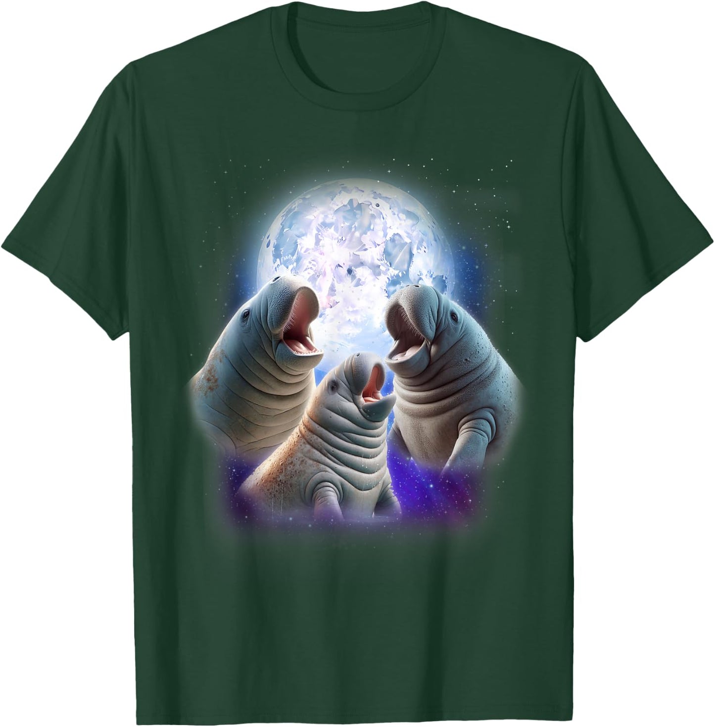 3 Manatees Howling At The Moon Funny Manatee Chubby Mermaid T-Shirt - T-Shirt | Forest