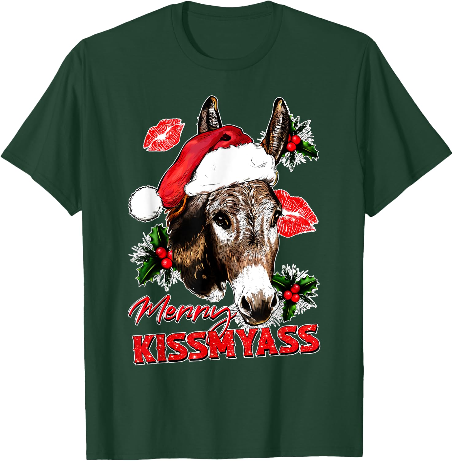 Merry Kissmyass Funny Donkey Lovers Sarcastic Christmas T-Shirt - T-Shirt | Forest