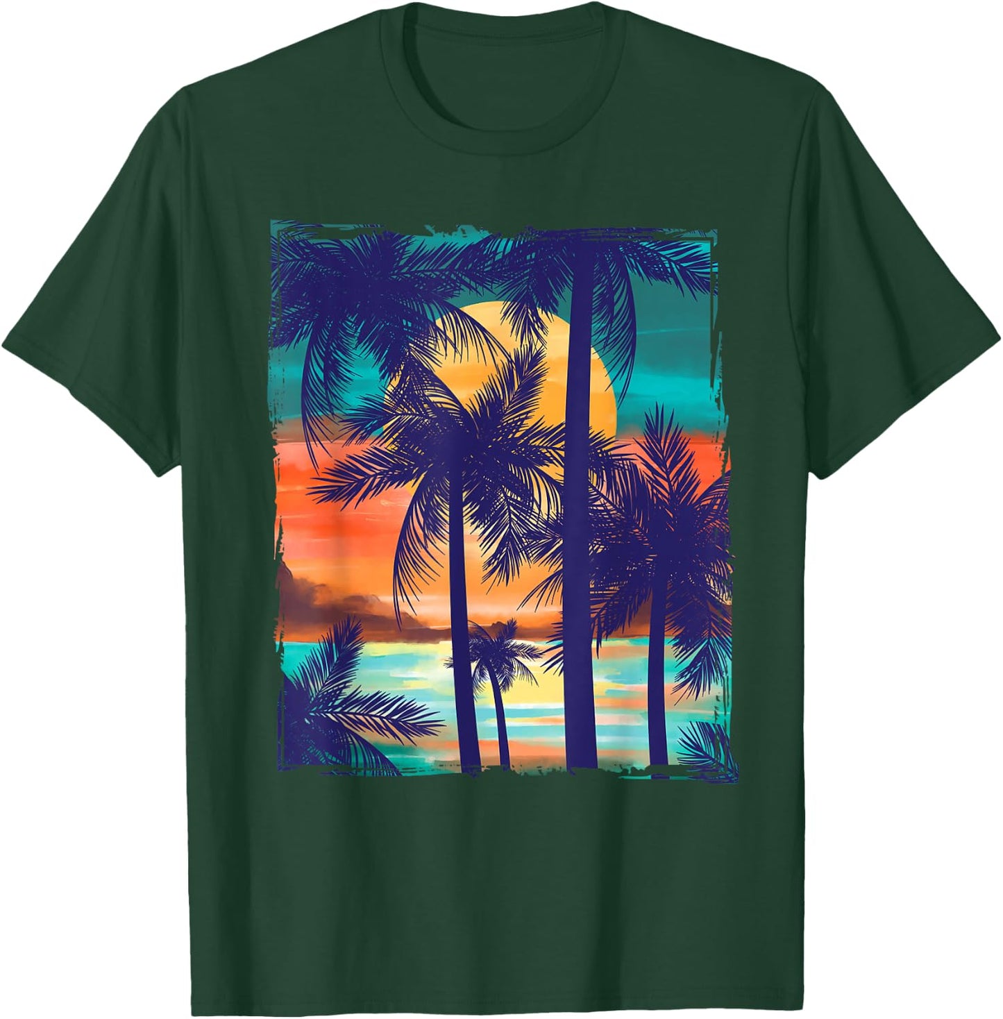 Orange and Aqua Sunset with Silhouetted Palm Trees T-Shirt - T-Shirt | Forest