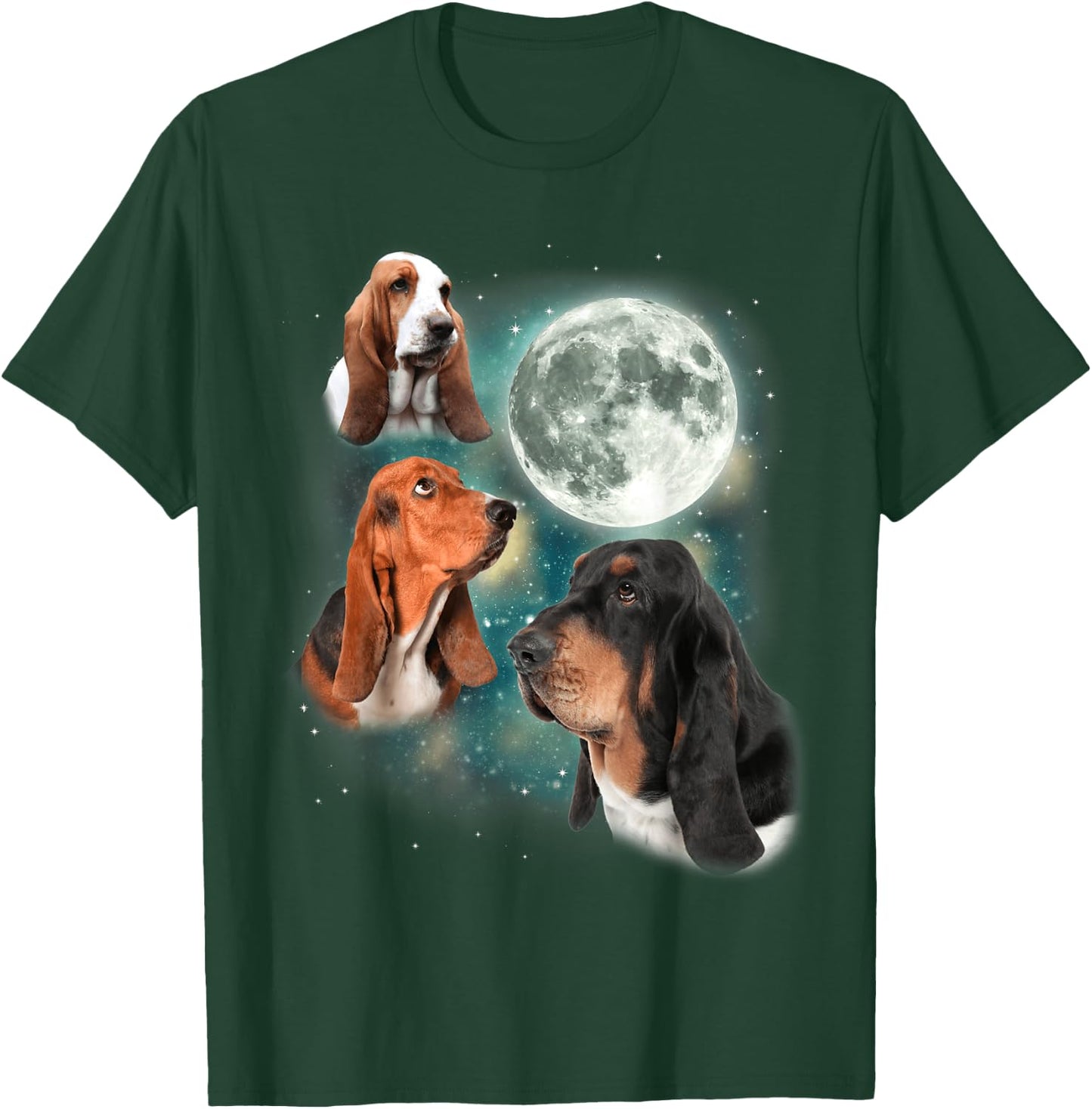 Basset Hound Moon | 3 Funny Canines Howl At Moon Cute Dog T-Shirt - T-Shirt | Forest