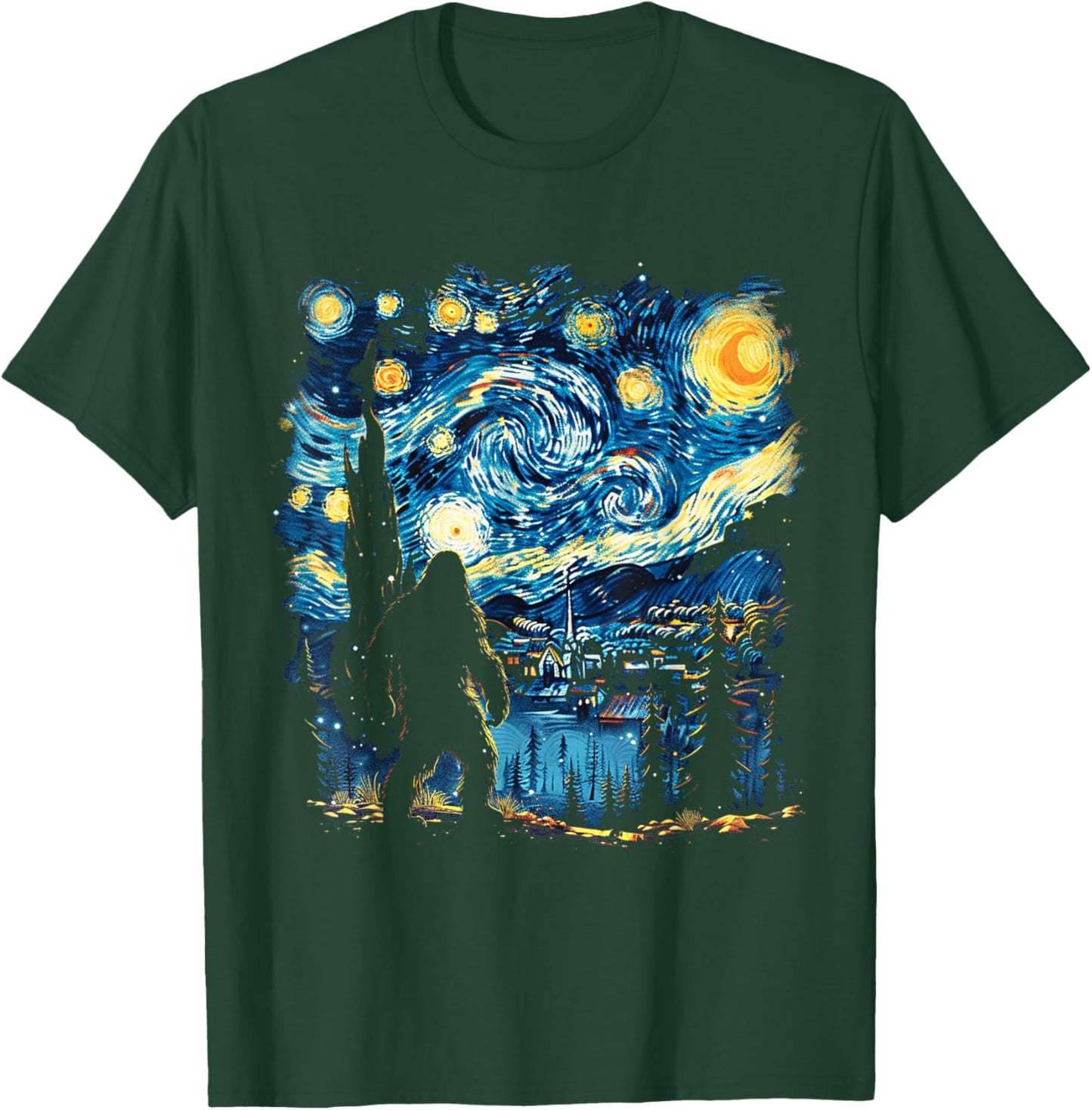 Funny Bigfoot Starry Night Sasquatch Van Gogh Sky Painting T-Shirt - T-Shirt | Forest