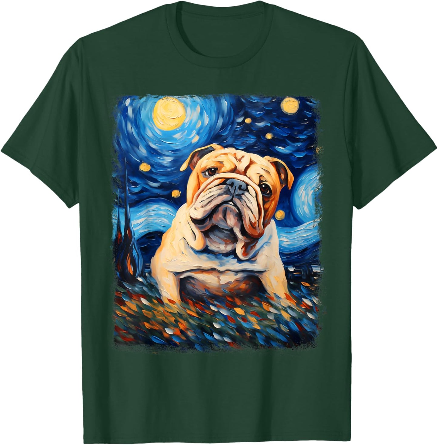 Bulldog Dog Starry Night Painting T-Shirt - T-Shirt | Forest