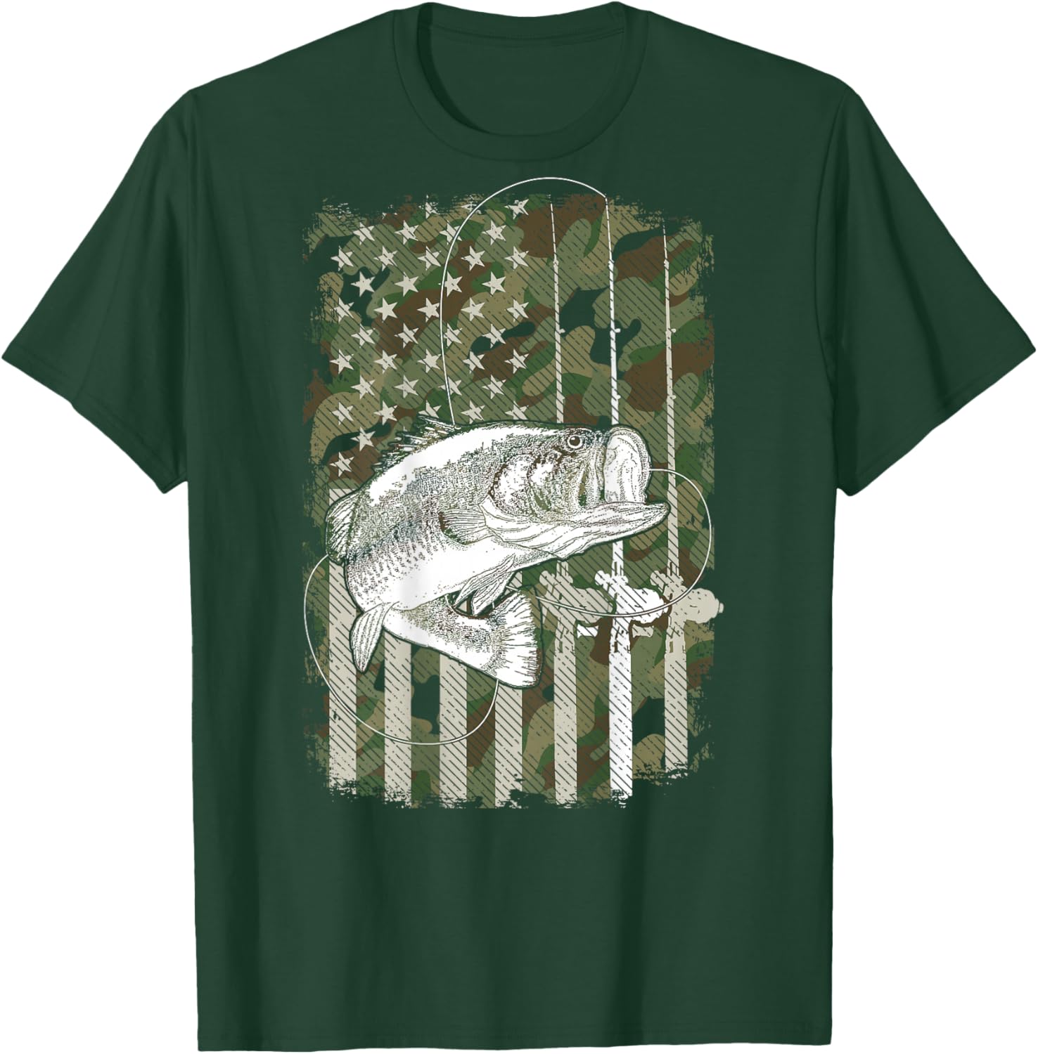 American Flag Camo Bass Fish Fishing (On Back) For Fisherman T-Shirt - T-Shirt | Forest