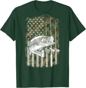 American Flag Camo Bass Fish Fishing (On Back) For Fisherman T-Shirt - T-Shirt | Forest